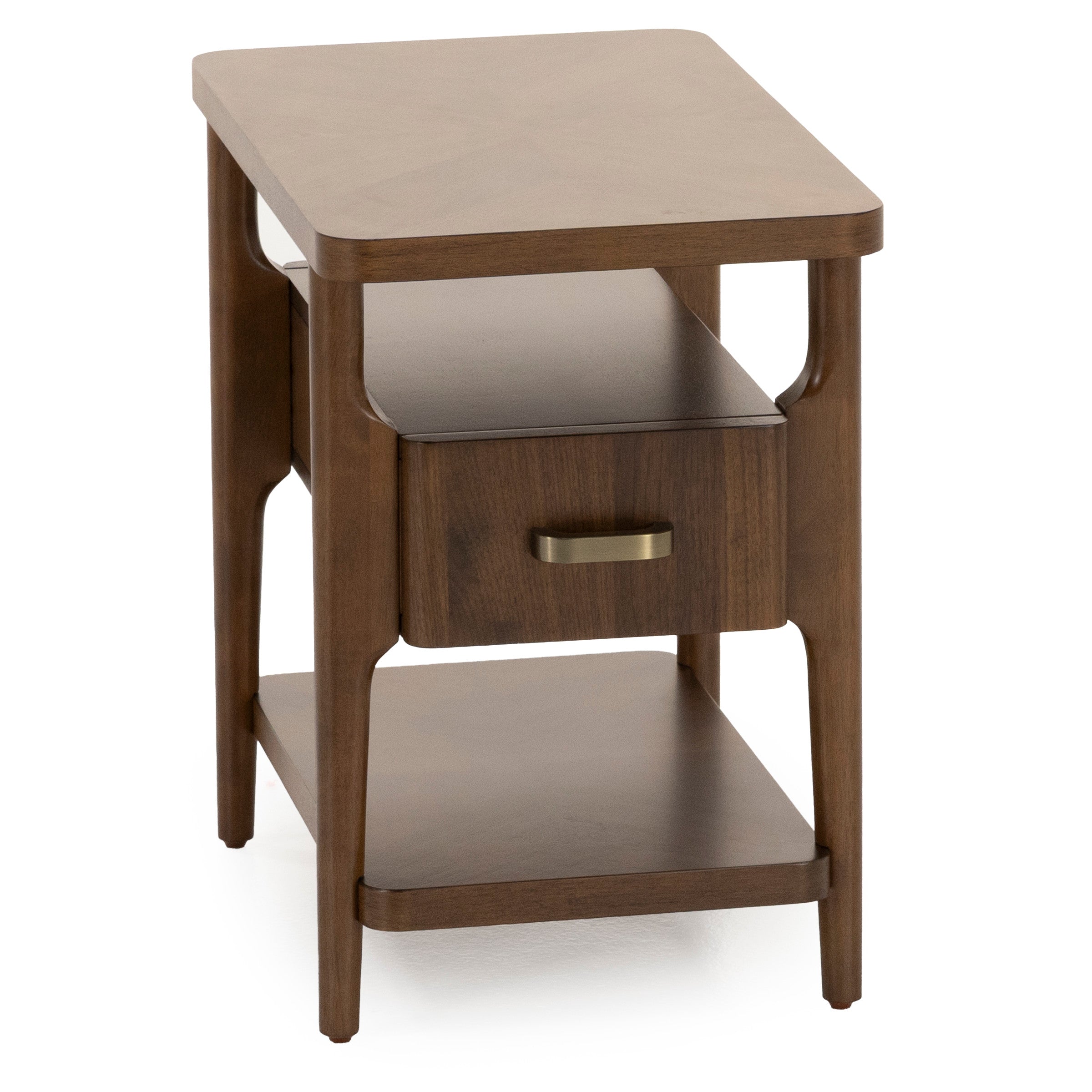Mid-century modern wooden end table with drawer, open shelf, and brass handle.