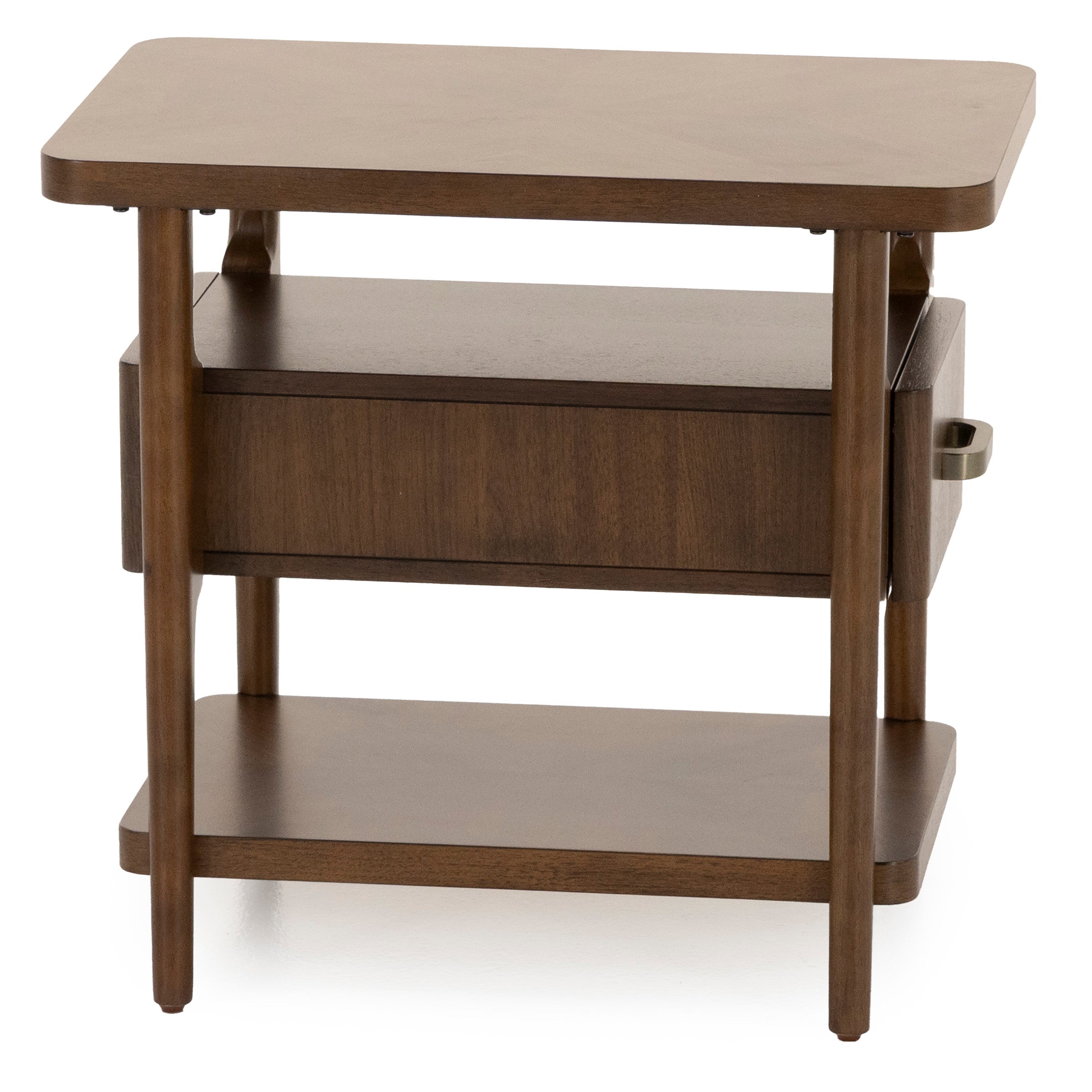 Mid-century modern wooden nightstand with drawer and open shelves.