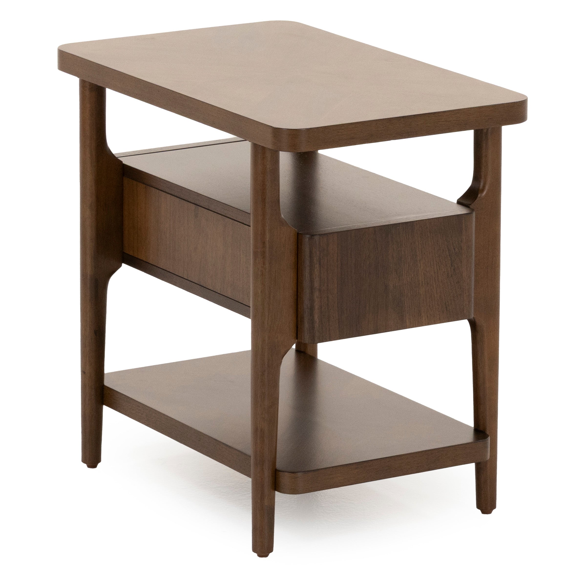 Wooden end table with drawer and lower shelf.