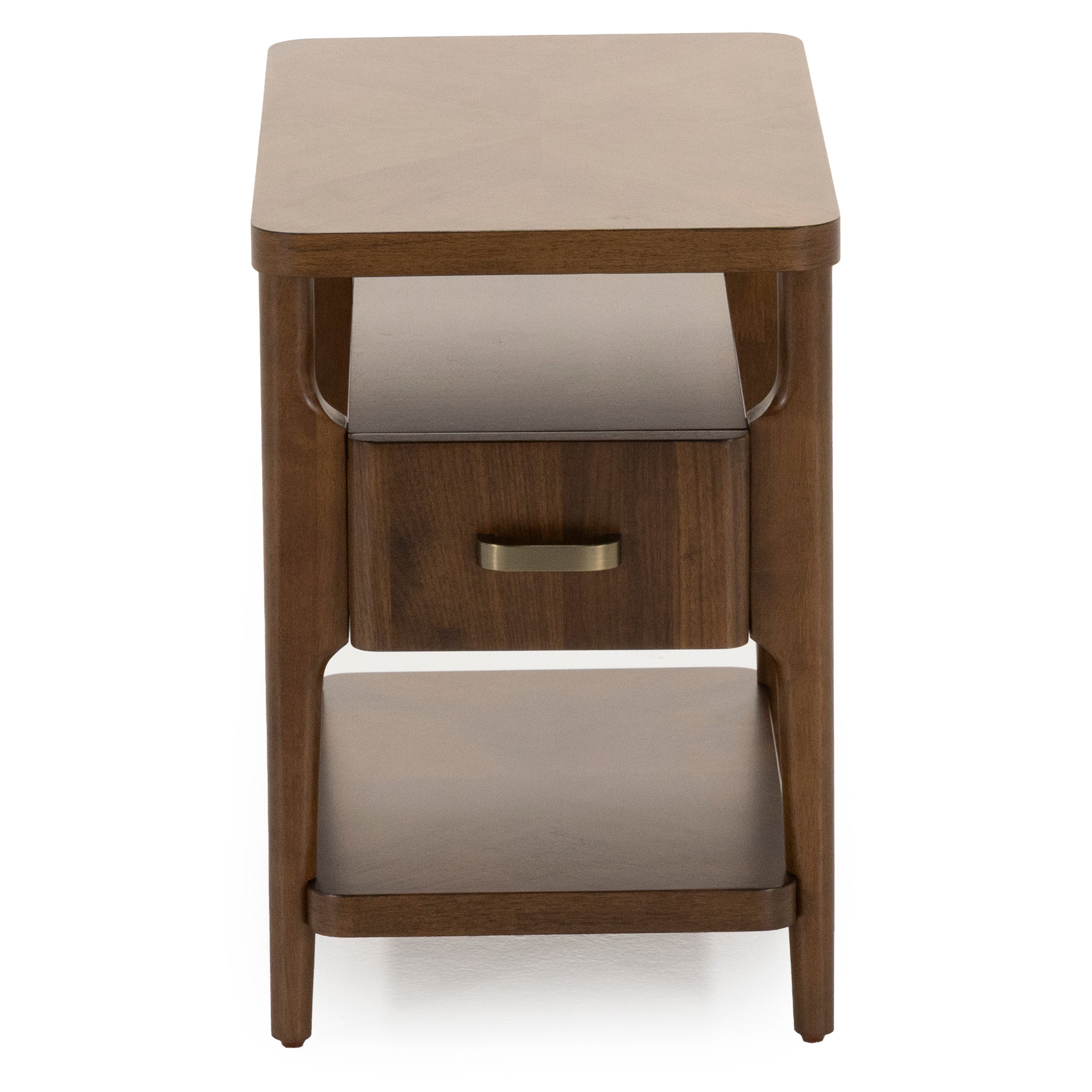 Mid-century modern wood nightstand with one drawer and lower shelf.