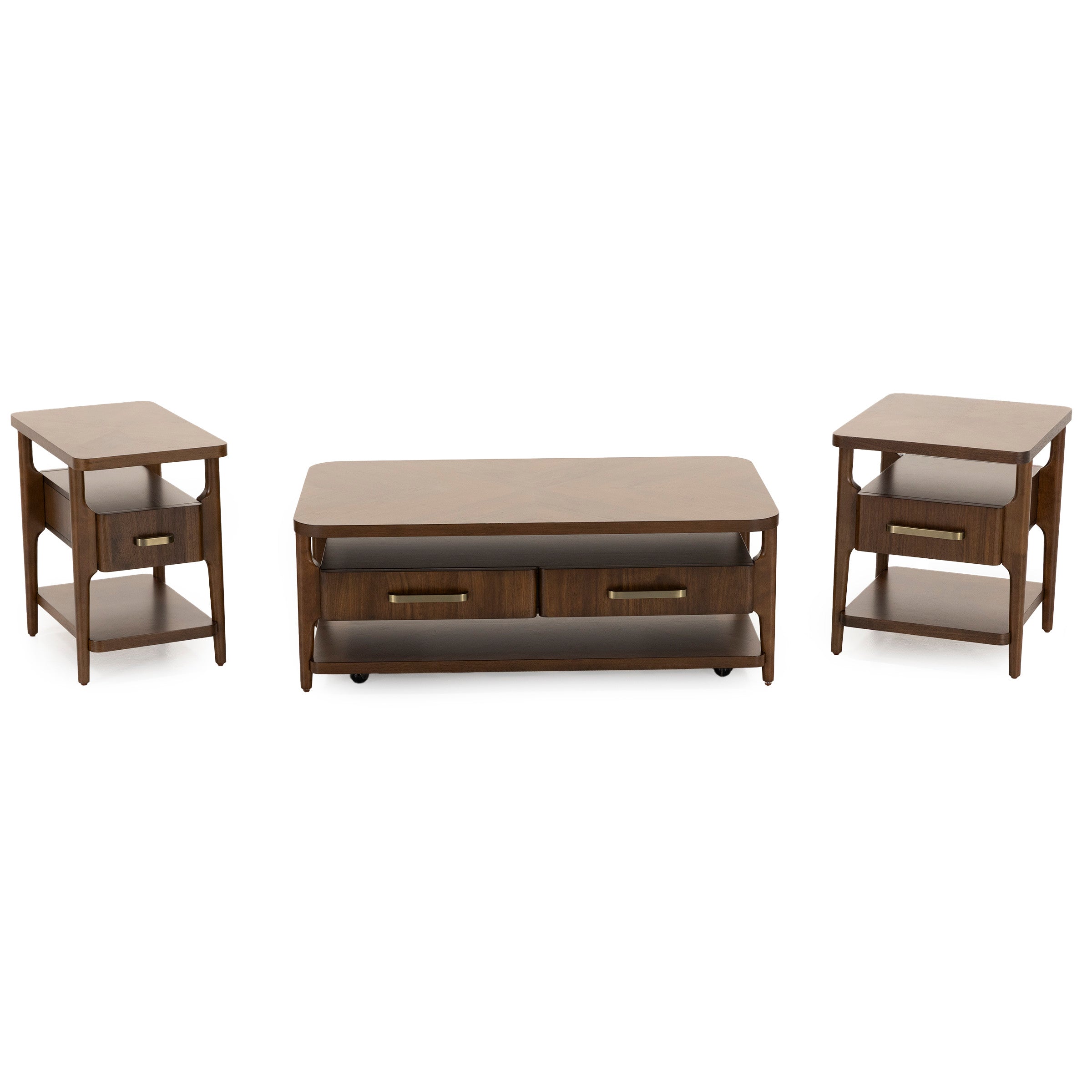 3-piece wooden table set with drawers and shelves, featuring brass handles.