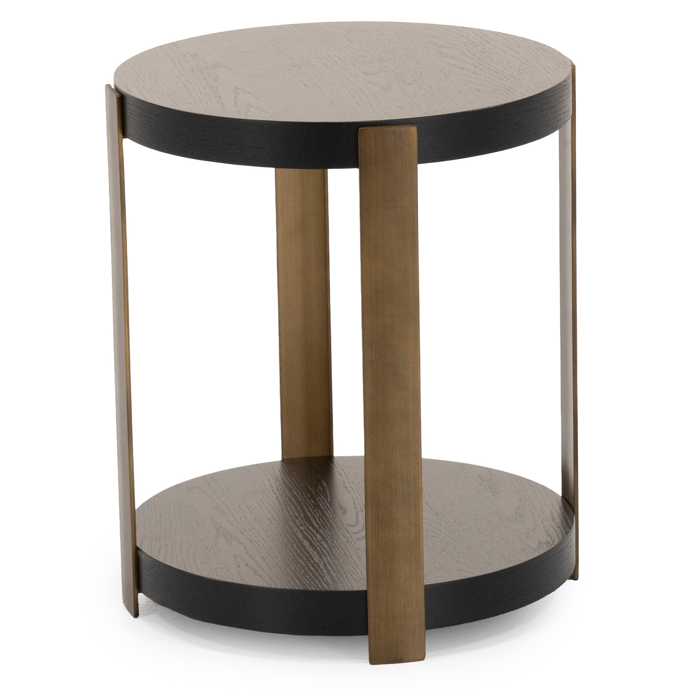 Round side table with dark wood shelves and bronze metal legs.