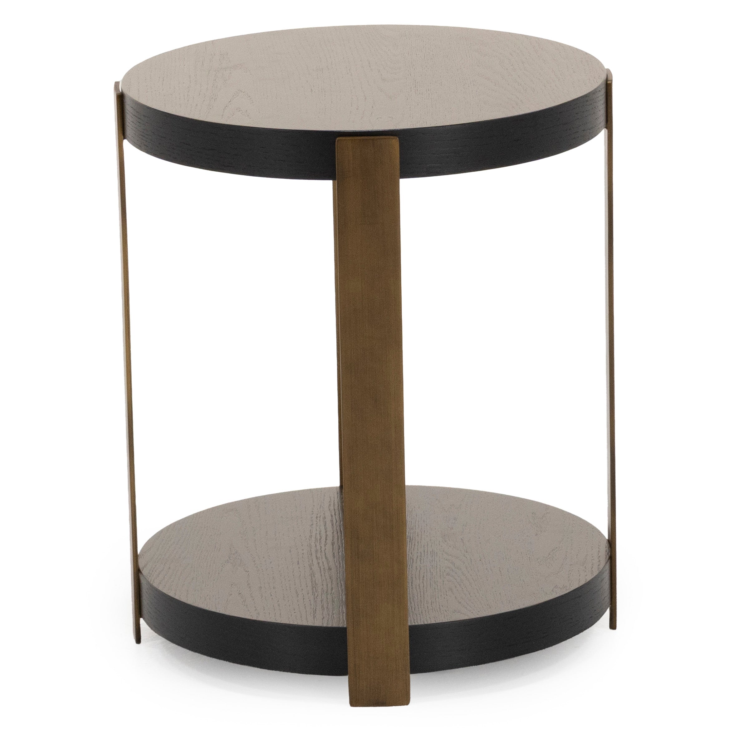 Round modern side table with wood shelves and metal frame.
