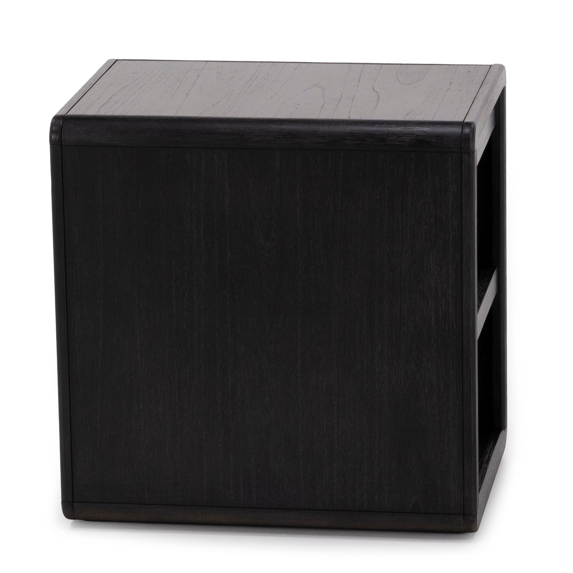 Black wood end table with open side shelves.