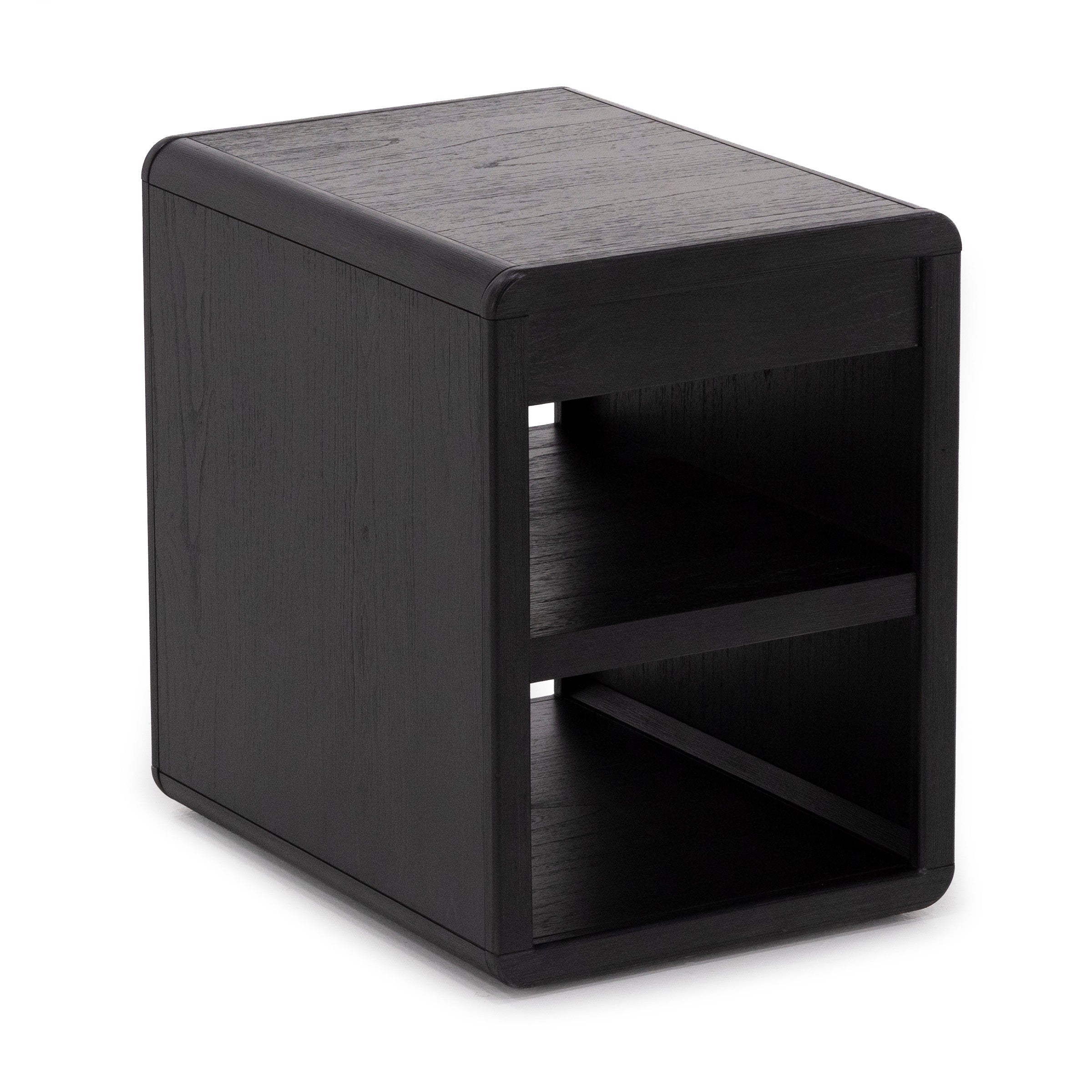 Black wood side table with open shelves.
