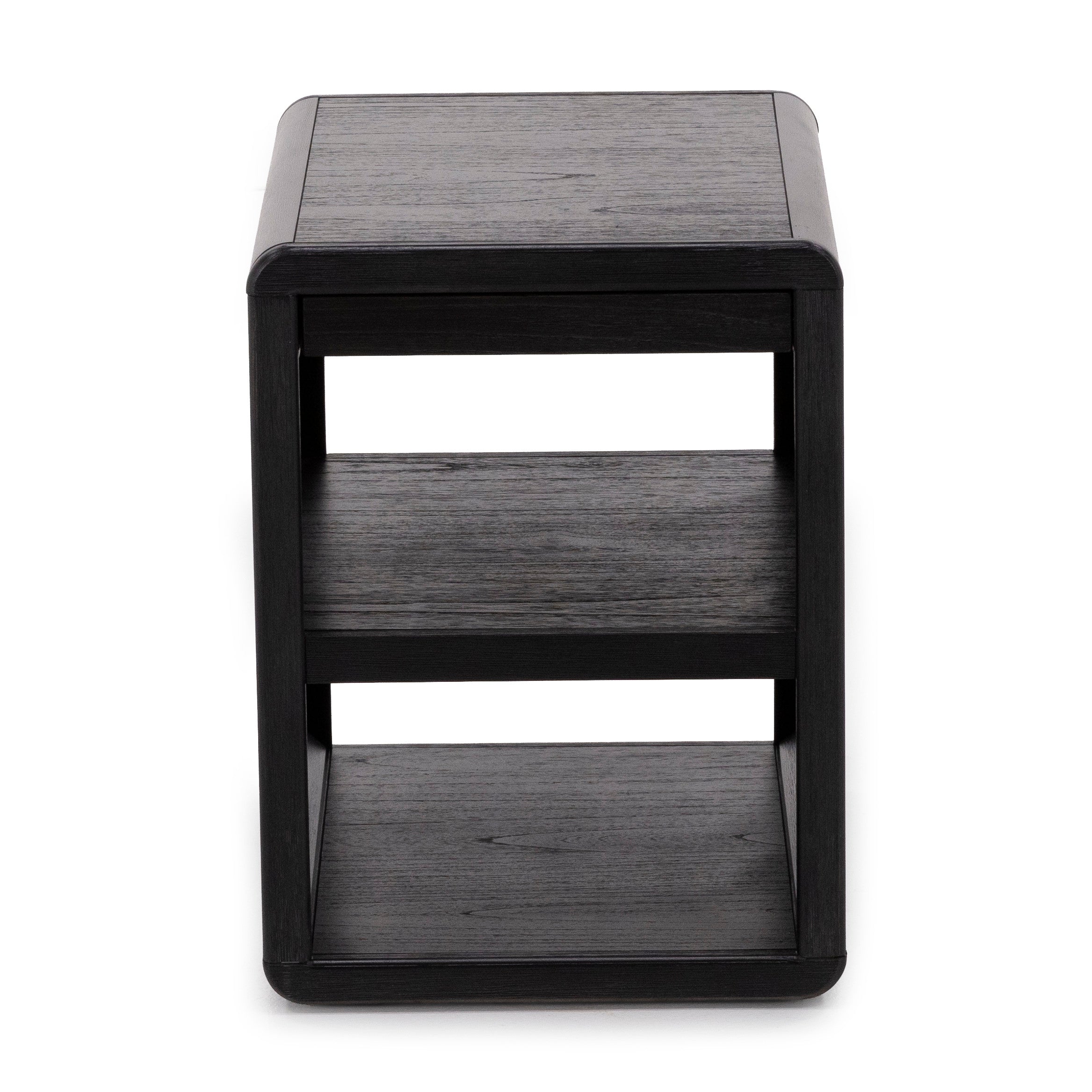 Black wood side table with two shelves, shown from the front against a white background.