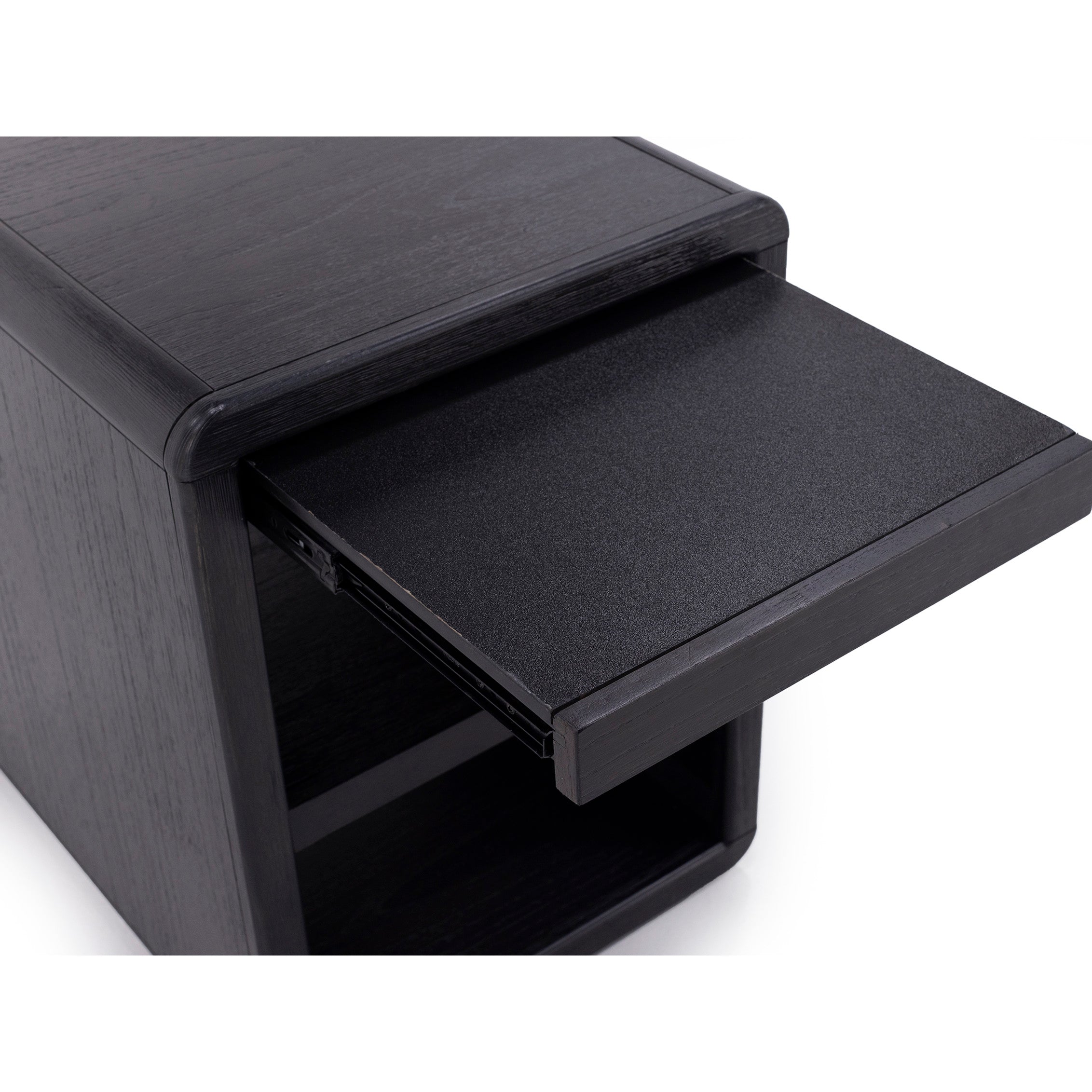 Black wood cabinet with a pull-out tray, shown partially extended.