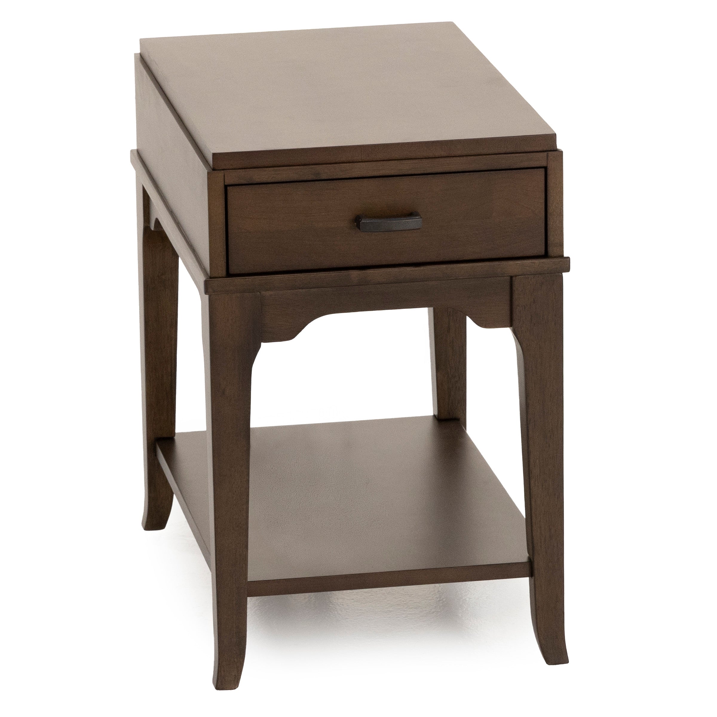 Wood end table with drawer and lower shelf, shown in brown finish.