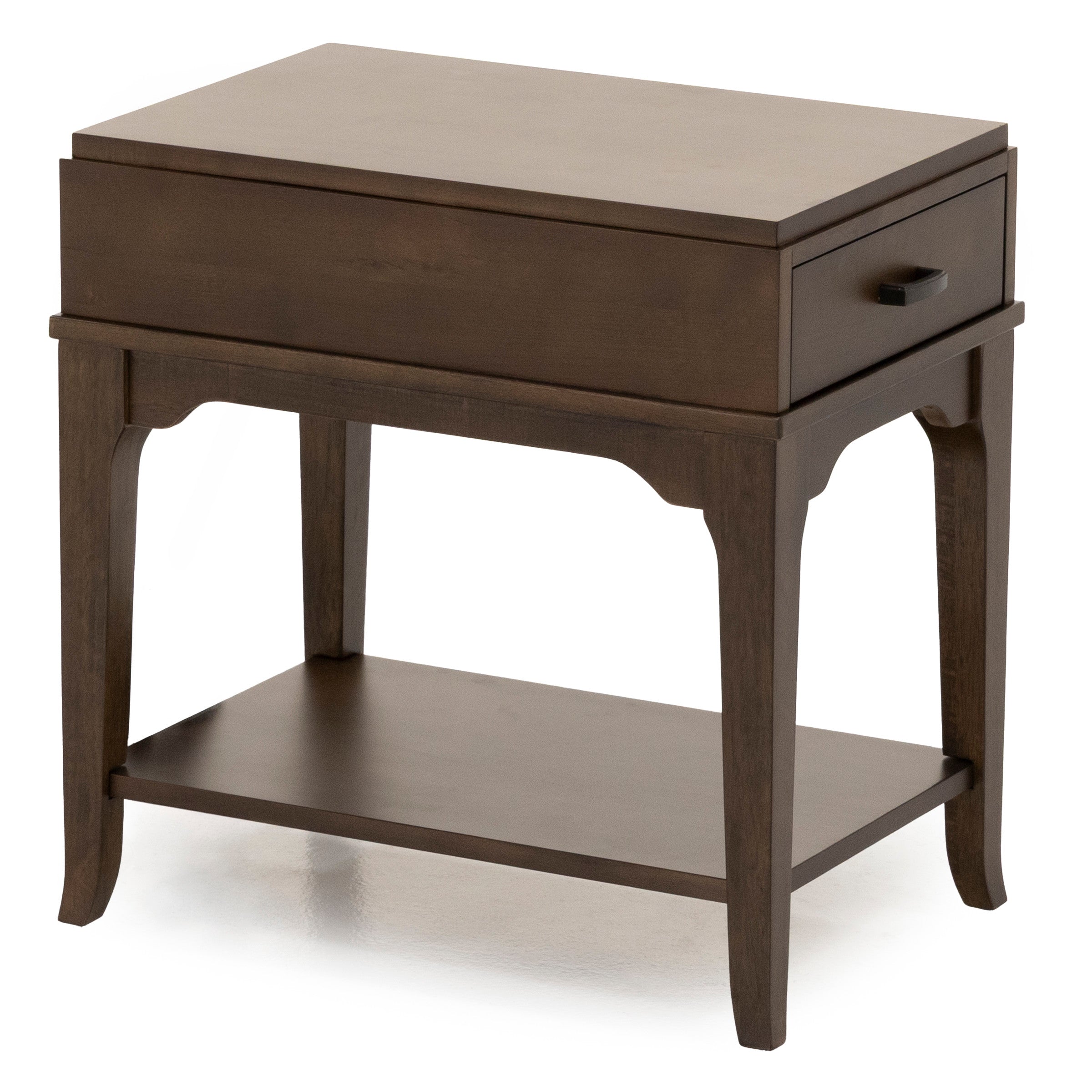 Dark wood nightstand with single drawer and lower shelf.