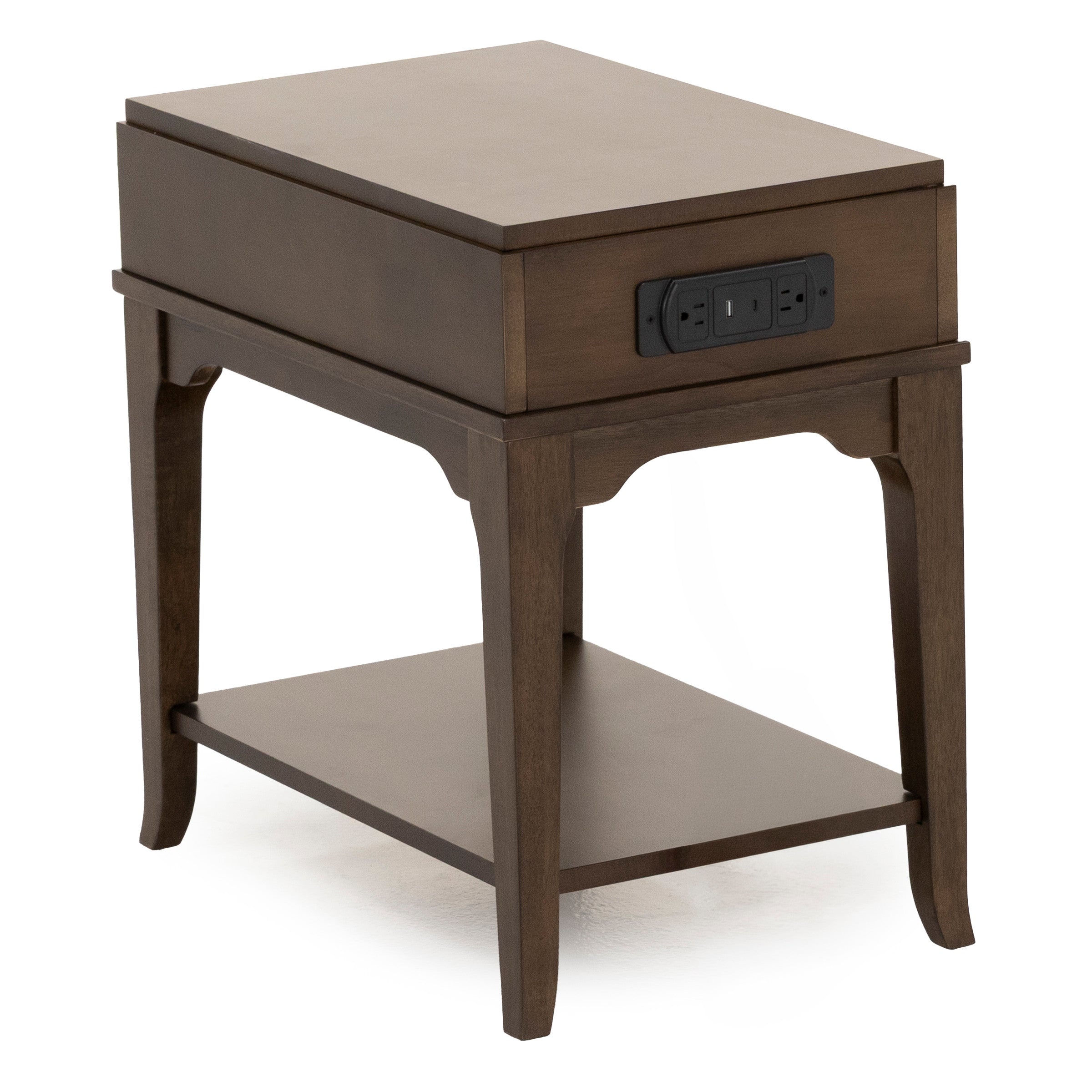 Wood end table with power outlets and lower shelf.