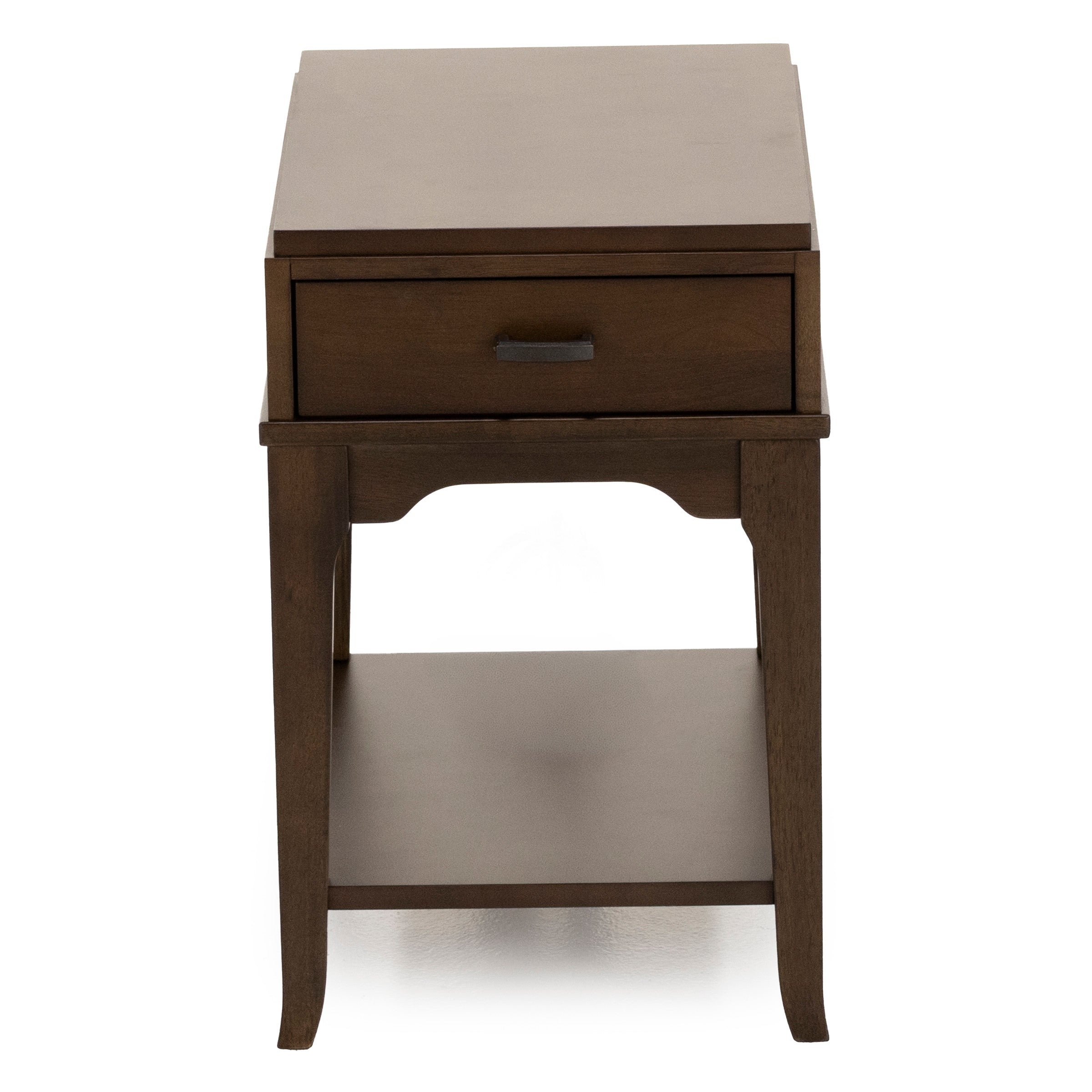 Wooden end table with one drawer and a lower shelf, shown from the front.