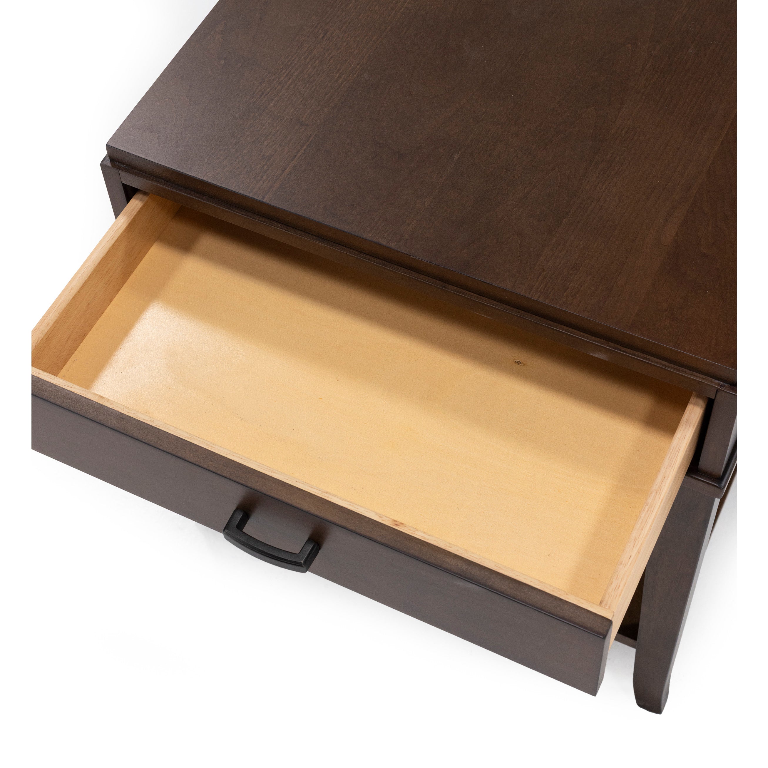 Open drawer in a dark wood nightstand, showing the empty interior.