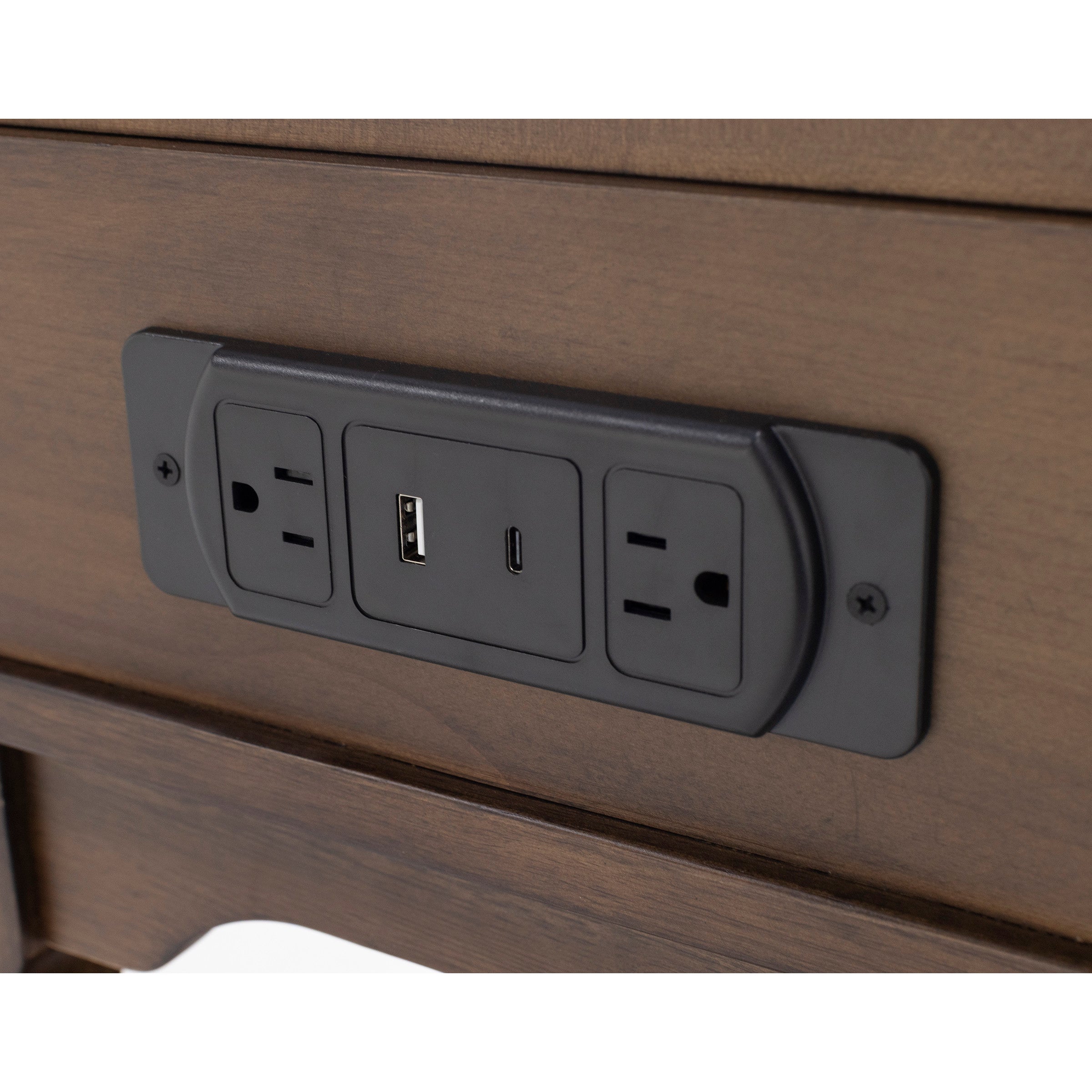 Integrated power outlet panel with two outlets, one USB-A, and one USB-C port on wood surface.