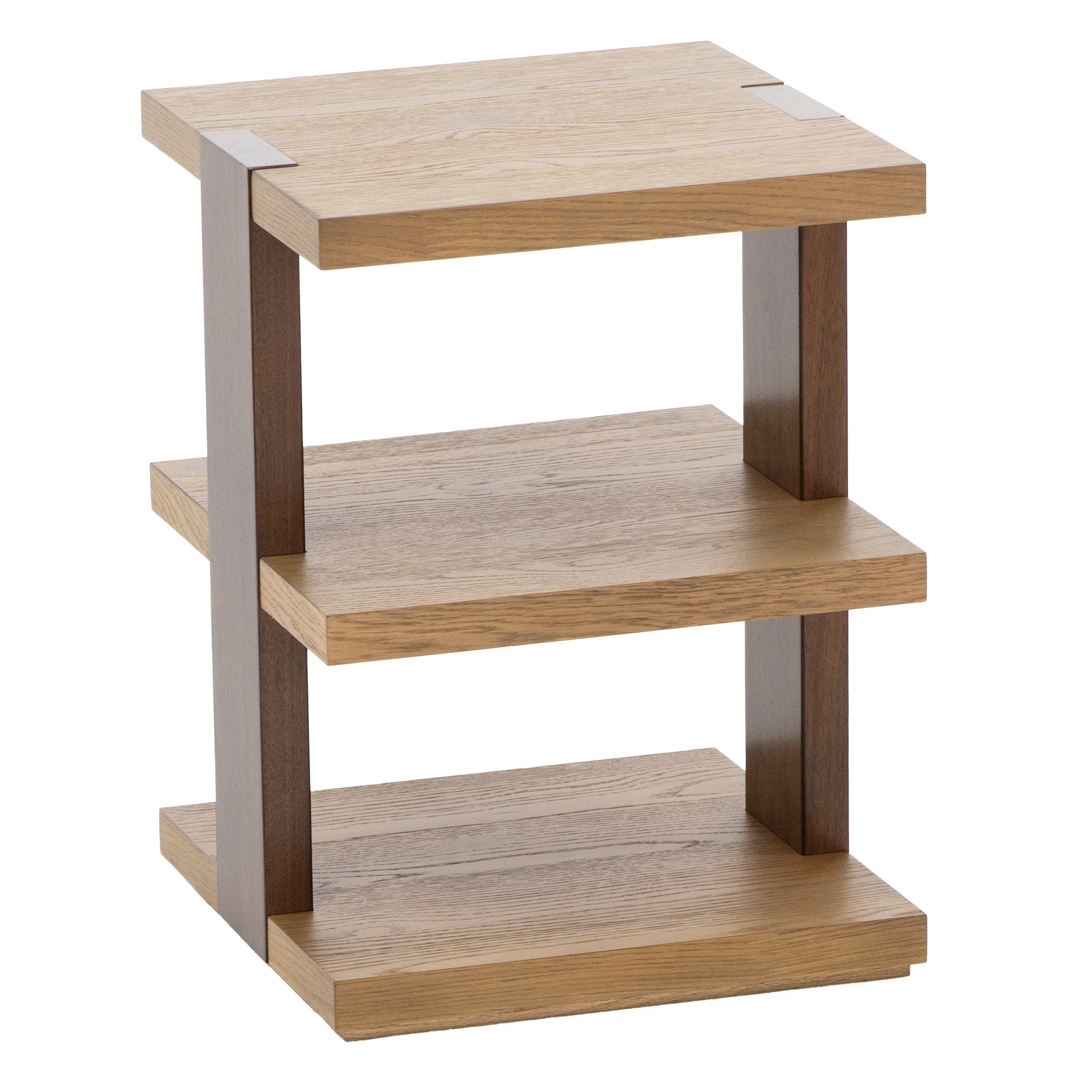 Three-tier modern wooden side table with open shelves.