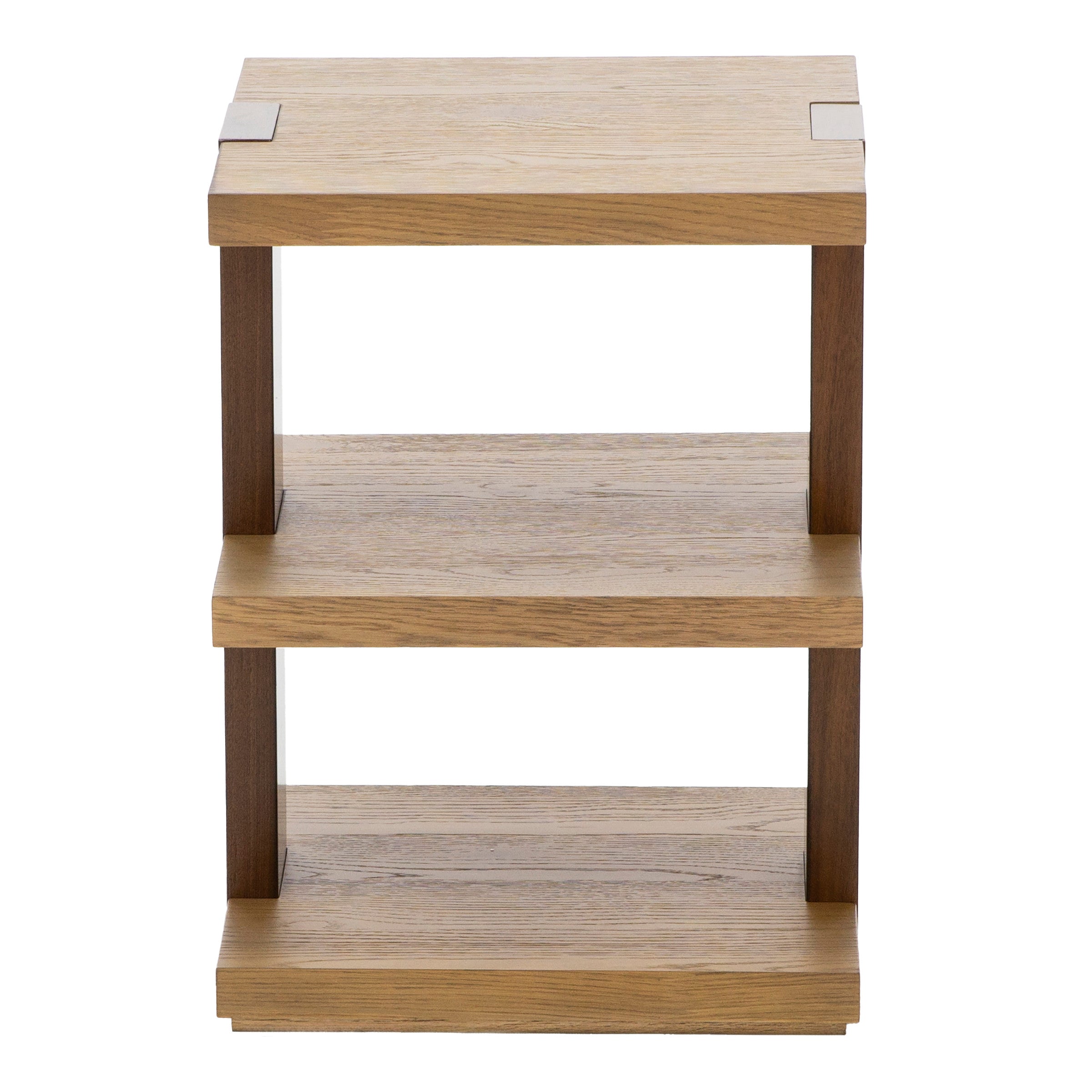 Three-tier wood side table with open shelves, shown from the front.