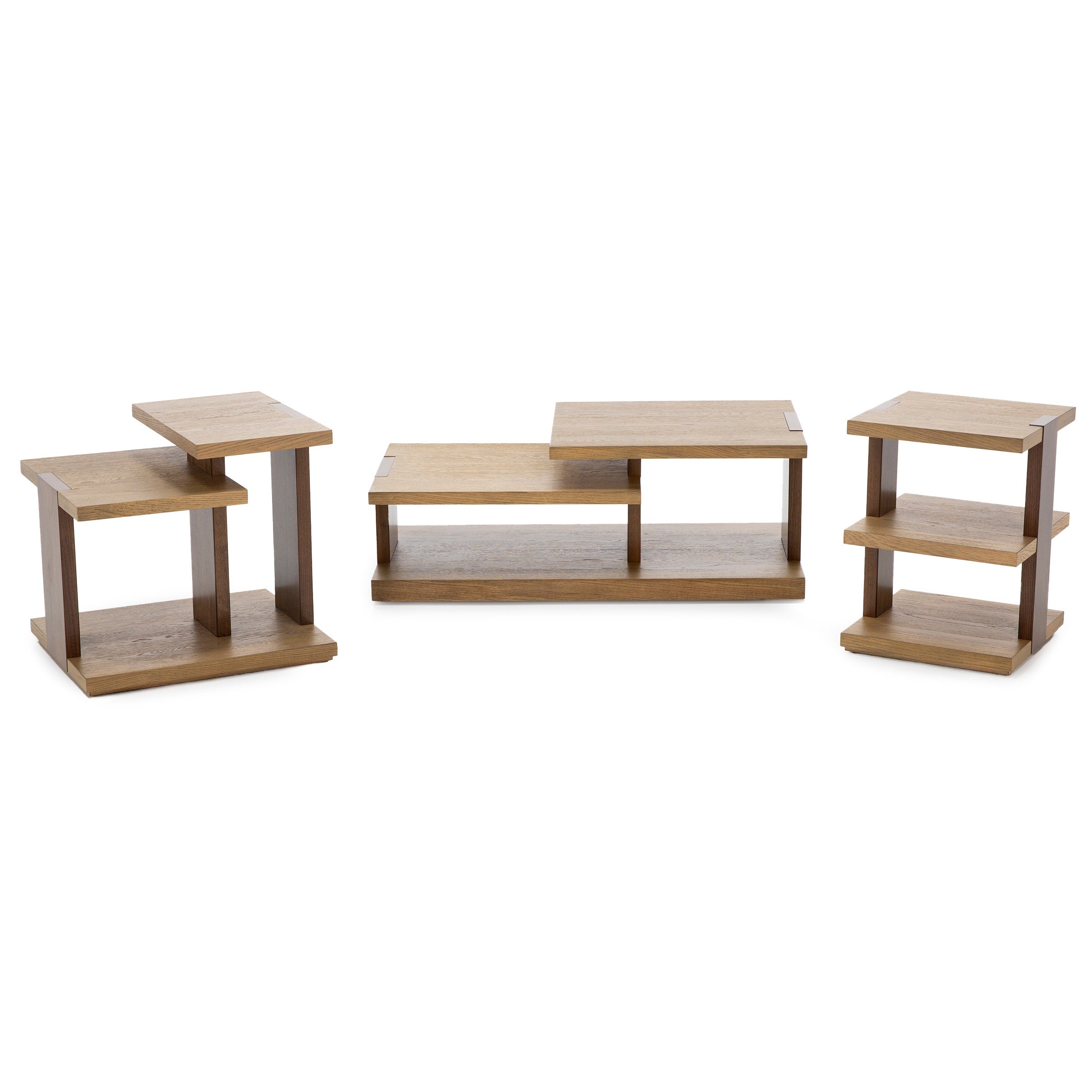 Set of three tiered modern wood accent tables with open rectangular frames.