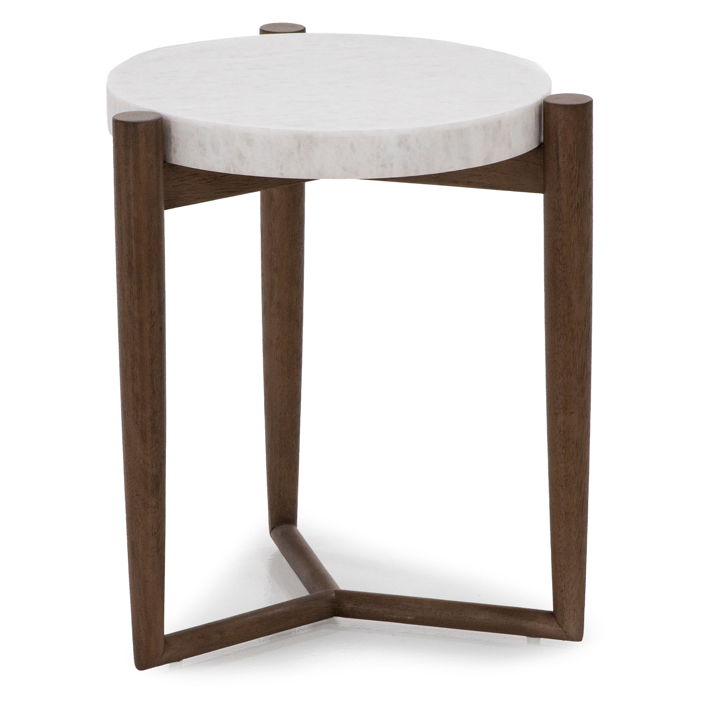 Round side table with a white top and wooden legs.