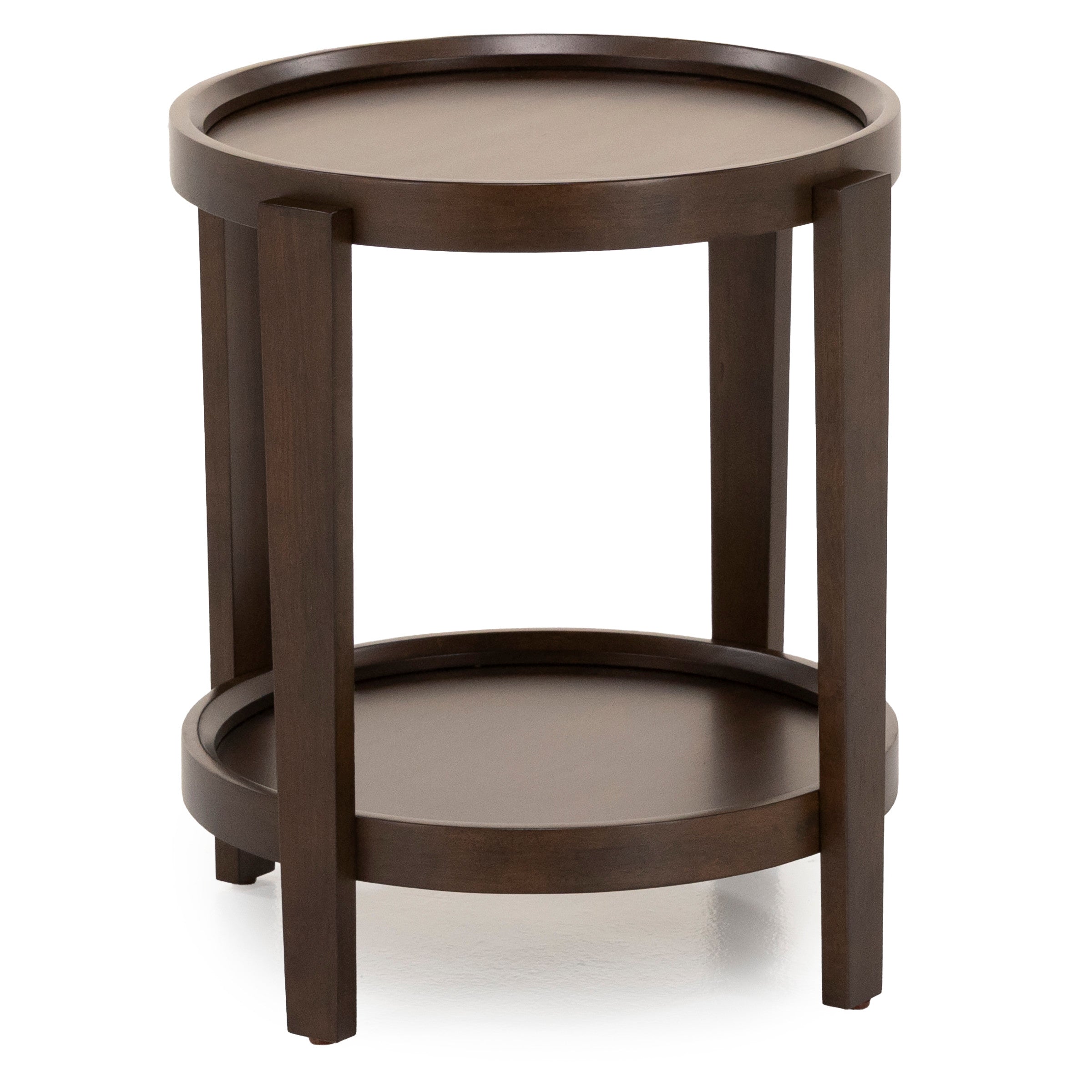 Round wooden side table with lower shelf, suitable for living room or bedroom.