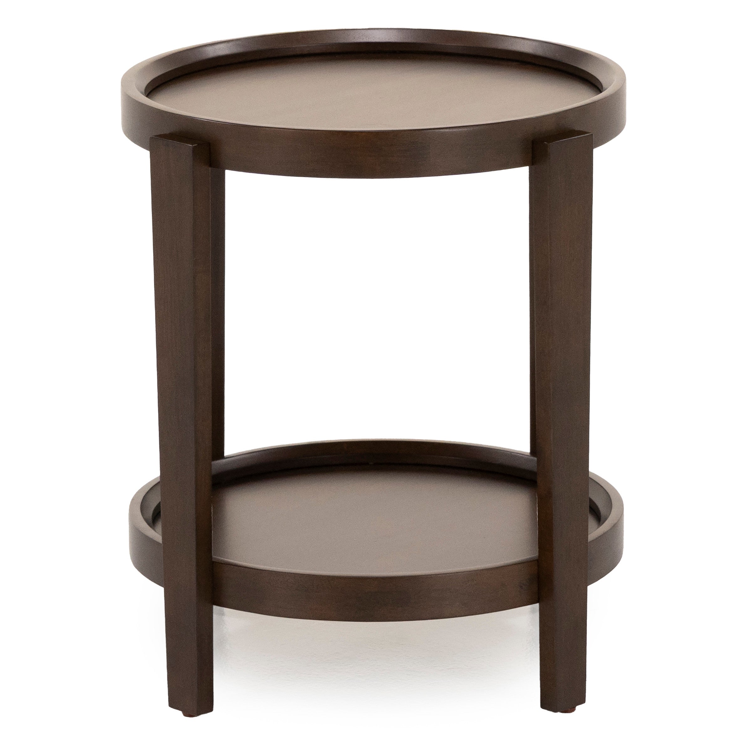 Round wooden side table with lower shelf, dark finish, suitable for living rooms.