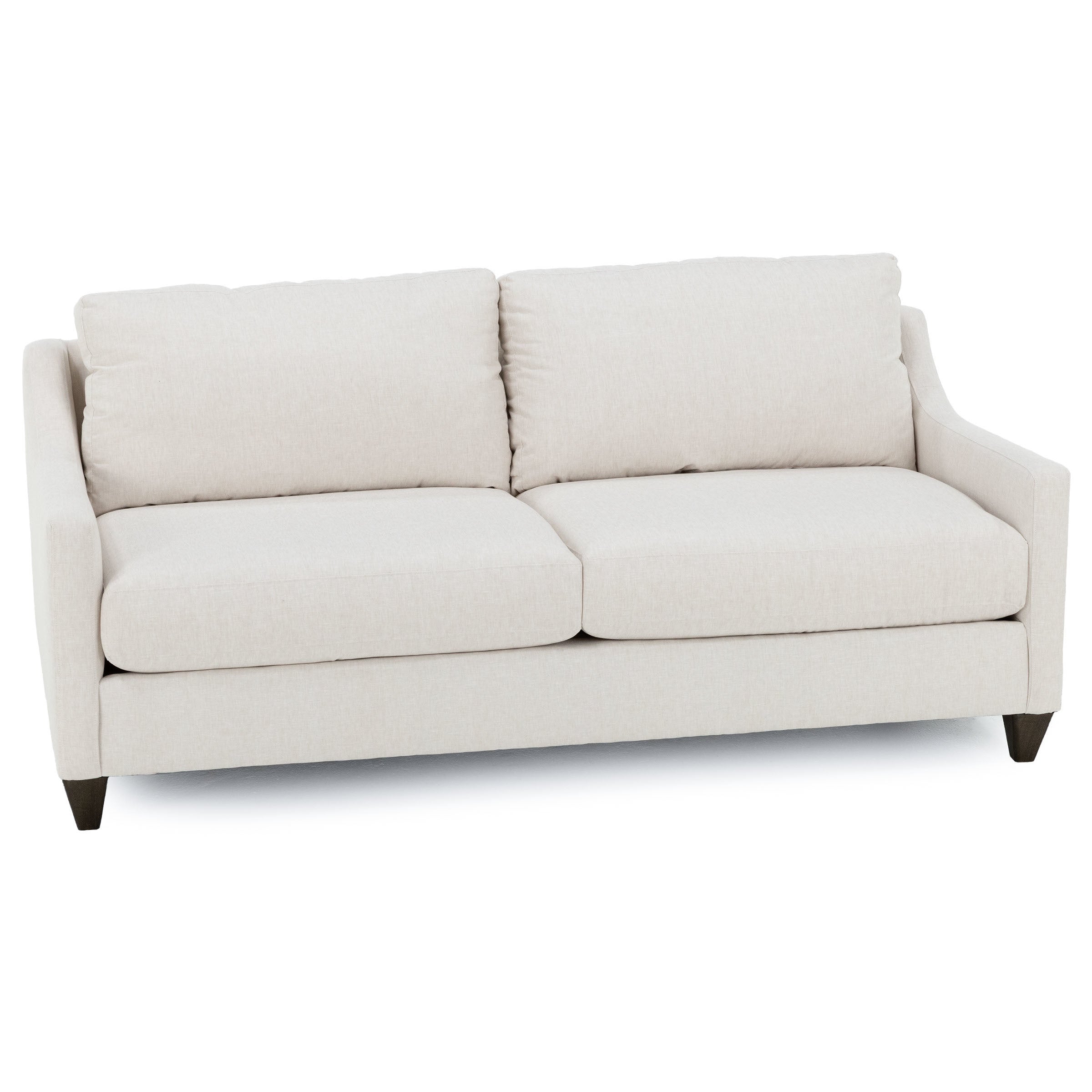 Beige upholstered sofa with two seat cushions and two back cushions.