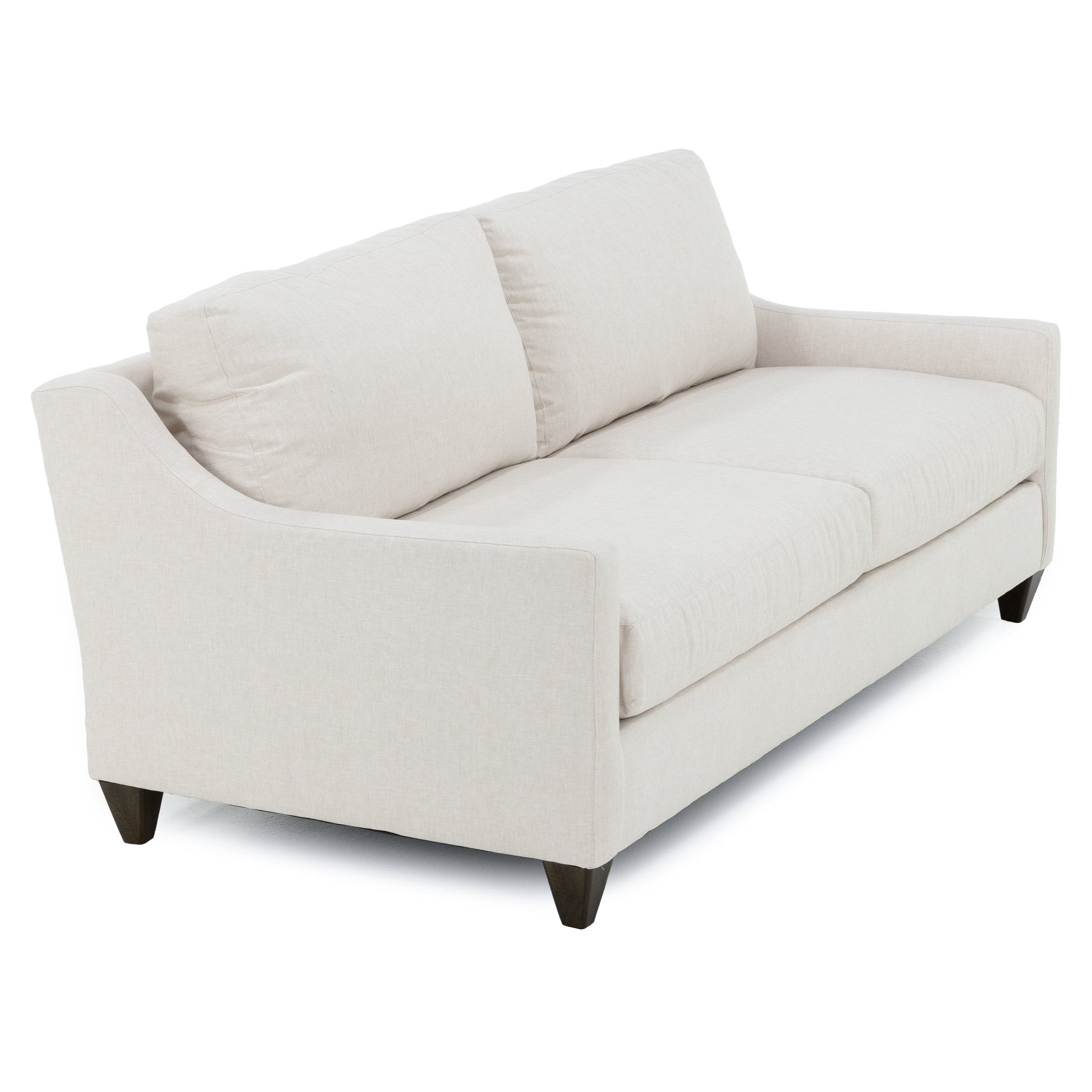 Light beige upholstered sofa with two seat cushions and angled arms.