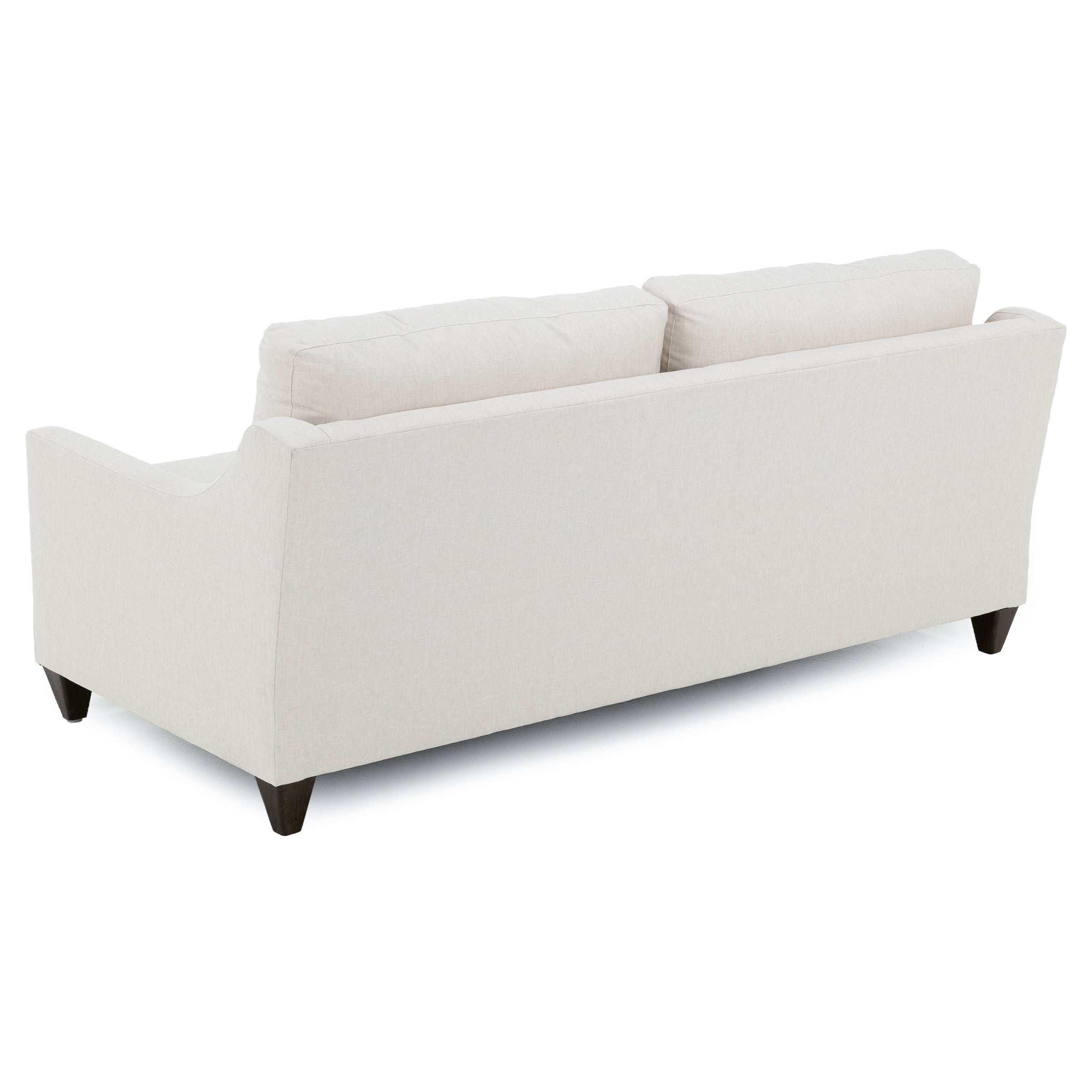 Back view of a light beige sofa with dark wooden legs.