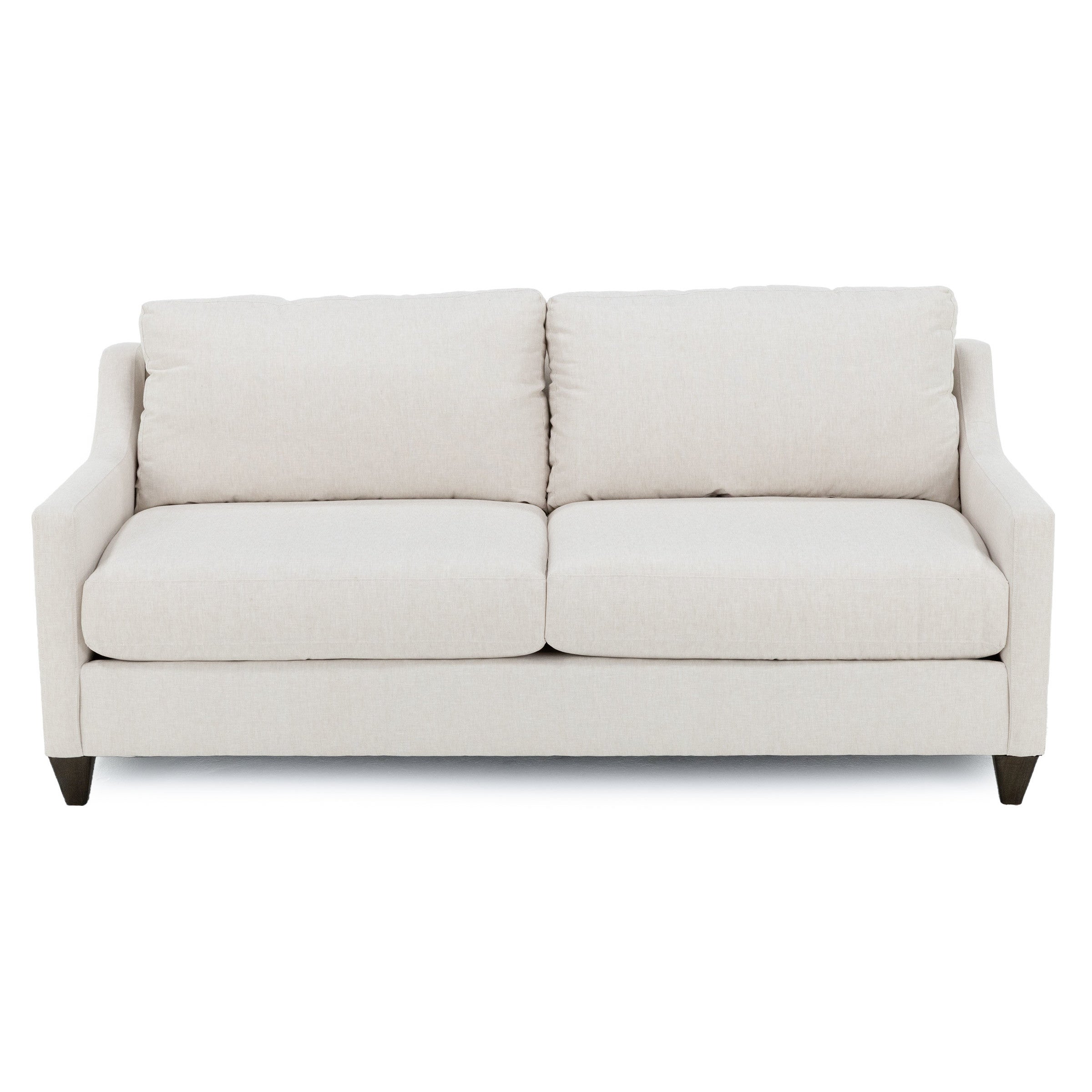 Beige upholstered sofa with two seat cushions and two back cushions.