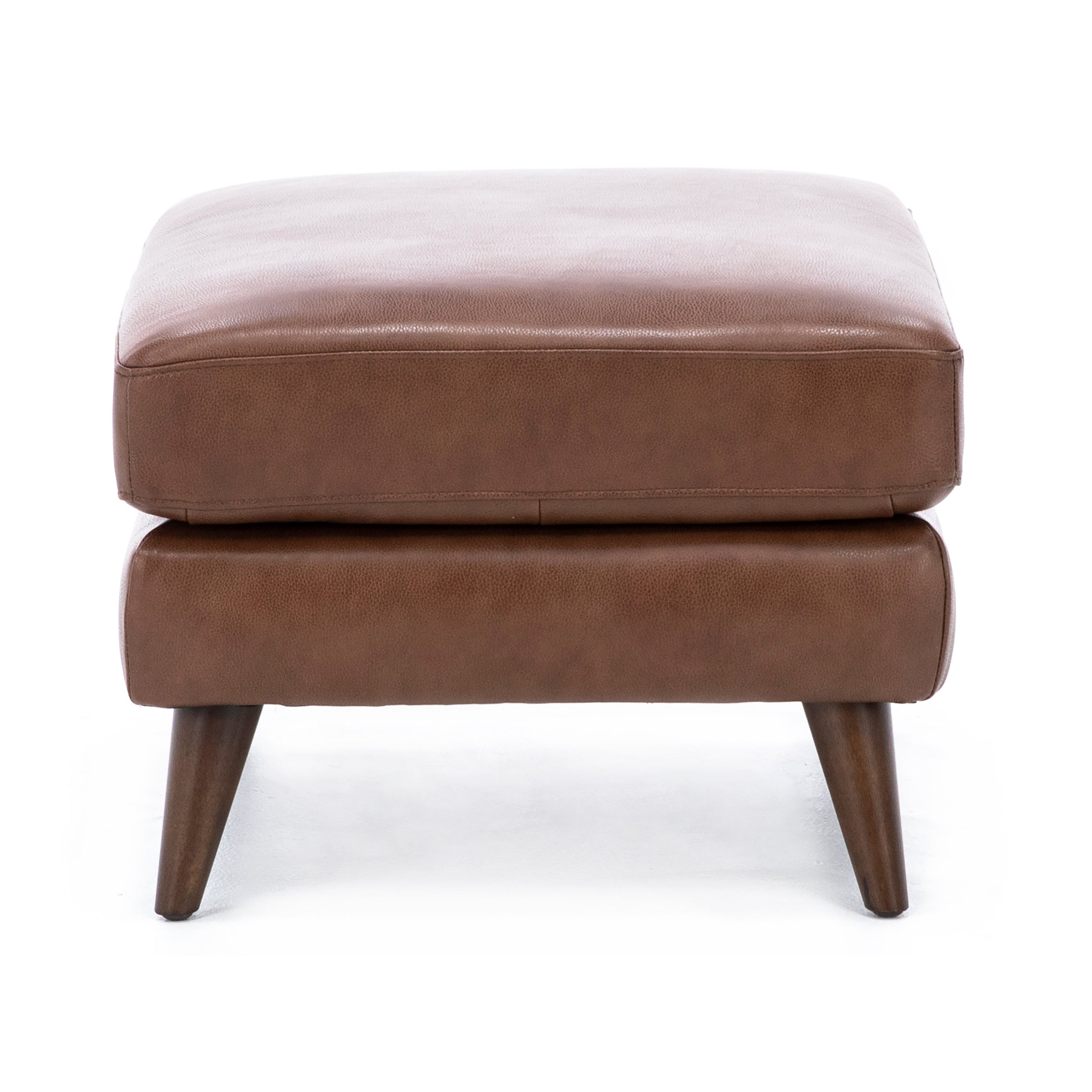 Brown leather ottoman with wooden legs, front view.