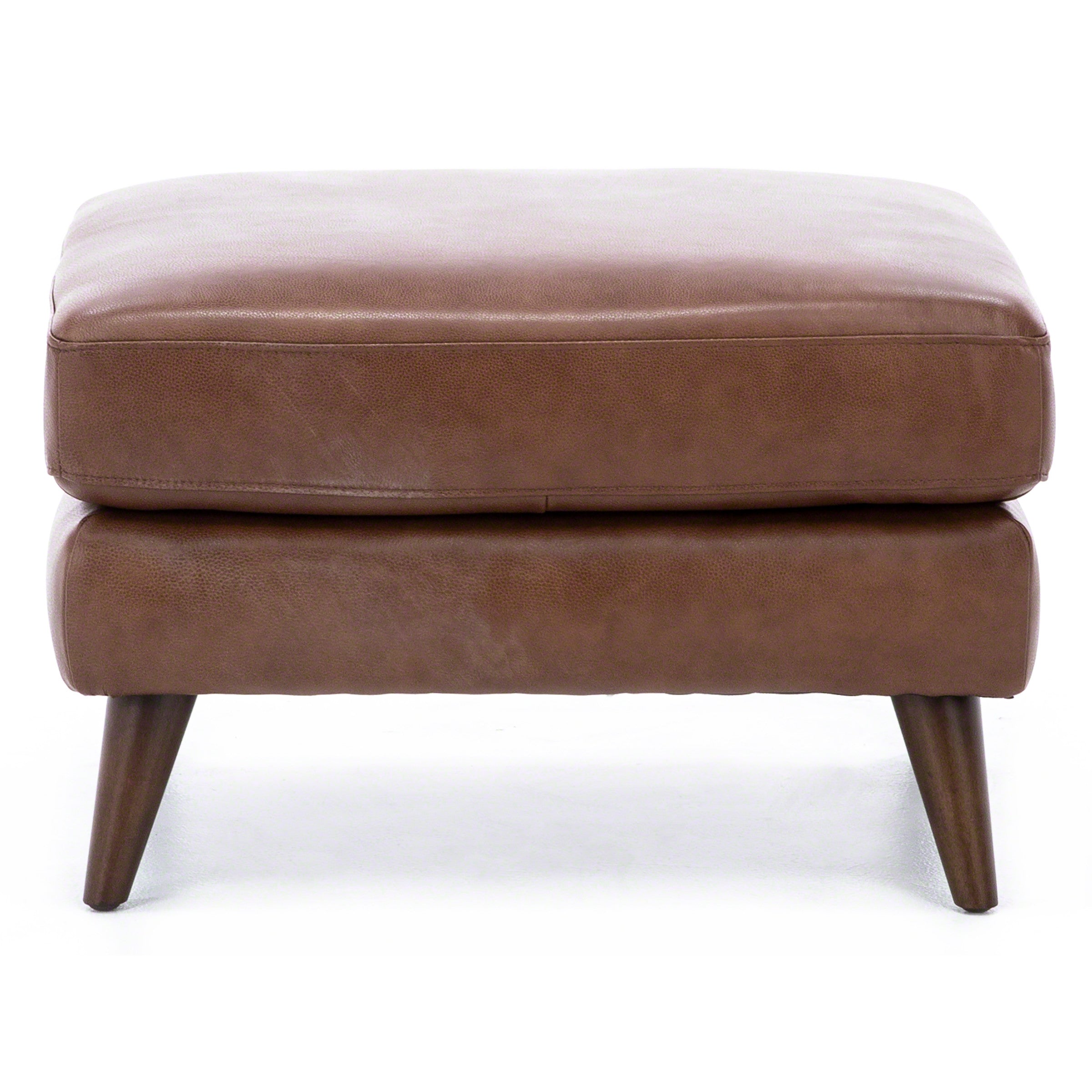 Brown leather ottoman with wooden legs, shown from the front.