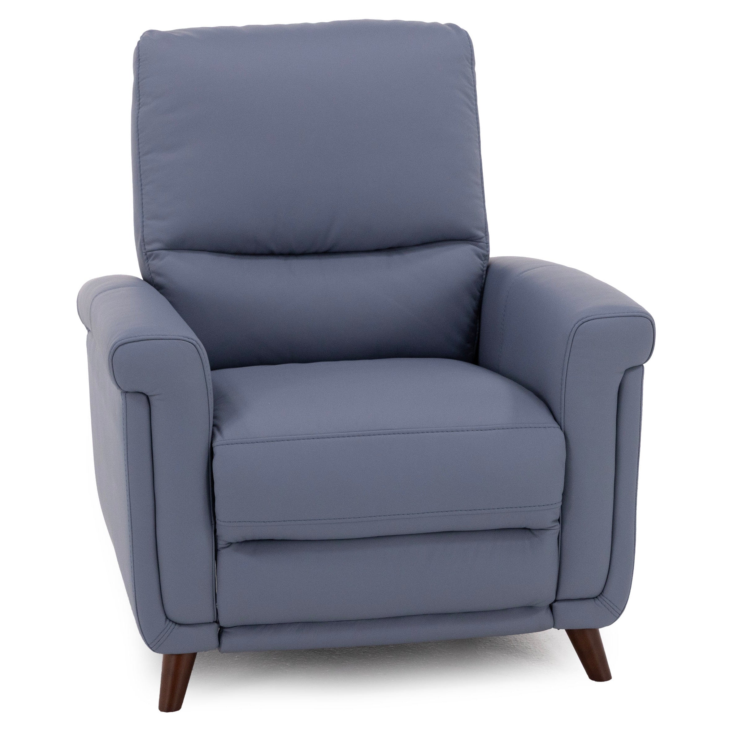 Blue upholstered armchair with wooden legs, suitable for living room seating.