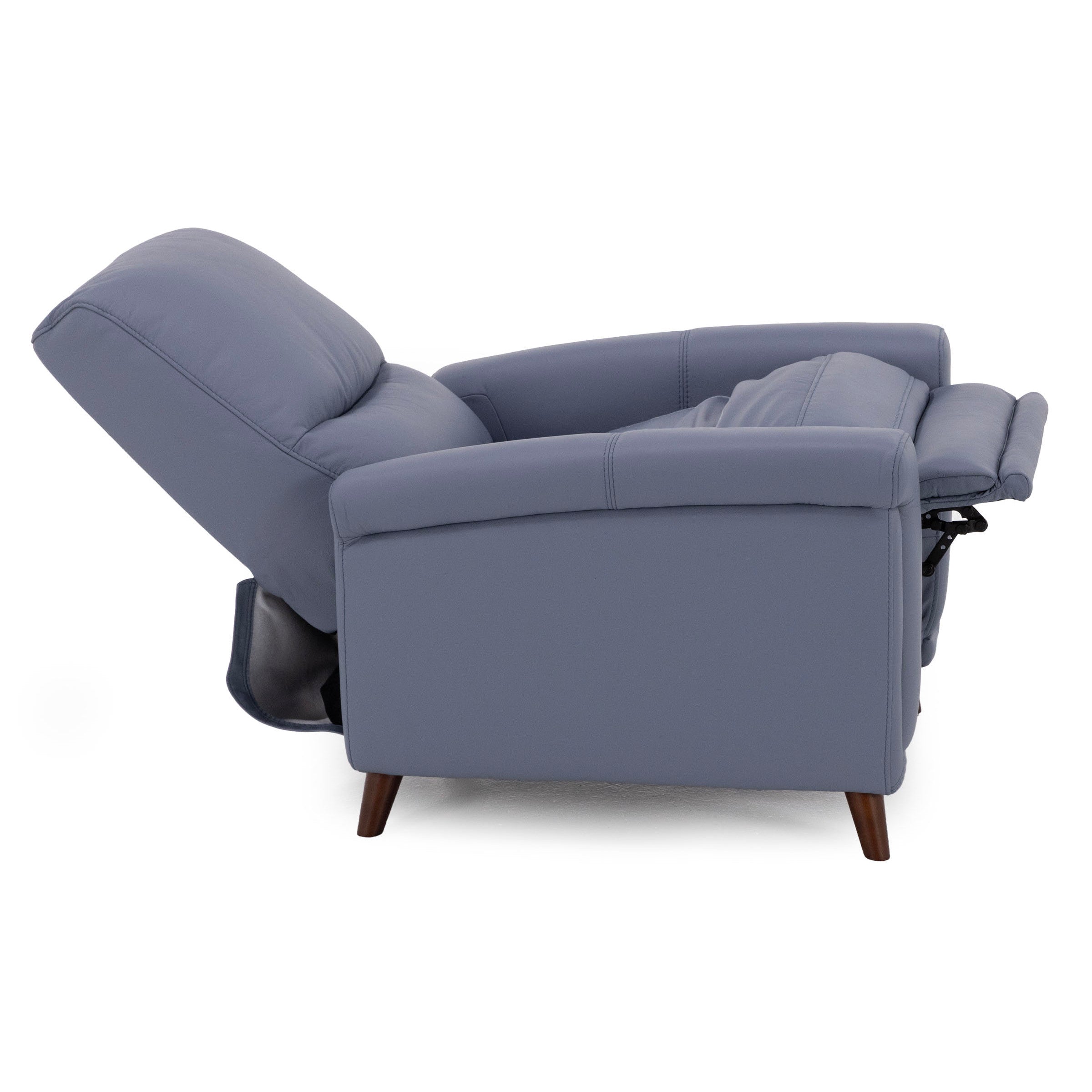Side view of a gray reclining armchair in extended position.