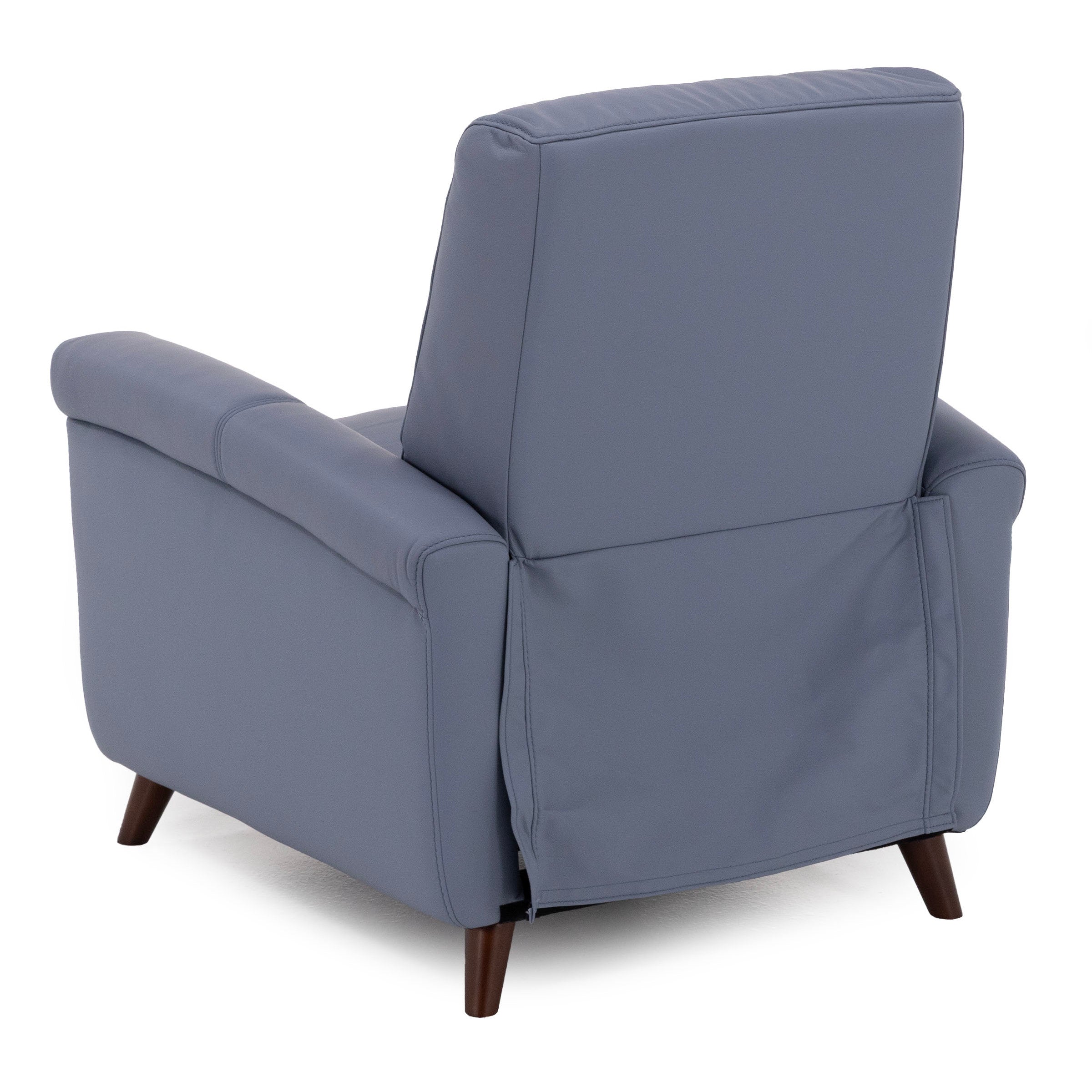 Back view of a modern blue recliner chair with wooden legs.