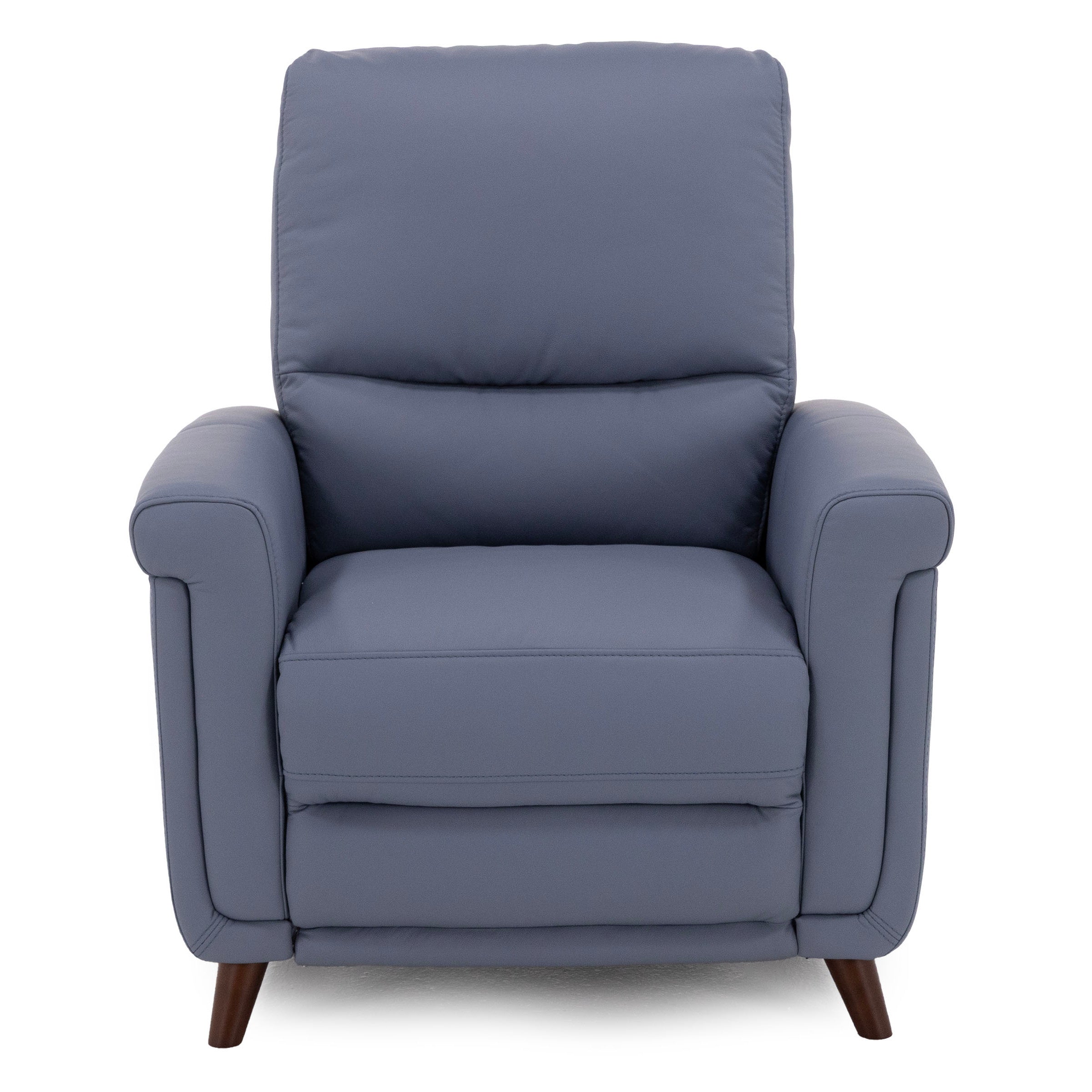 Blue leather armchair with padded seat and back, shown from the front.