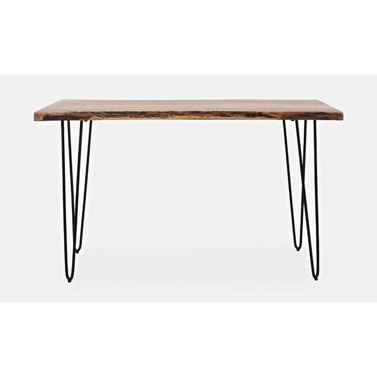 Simple wood table with metal hairpin legs, shown against a plain background.