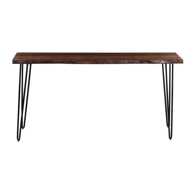 Wood console table with black hairpin legs.