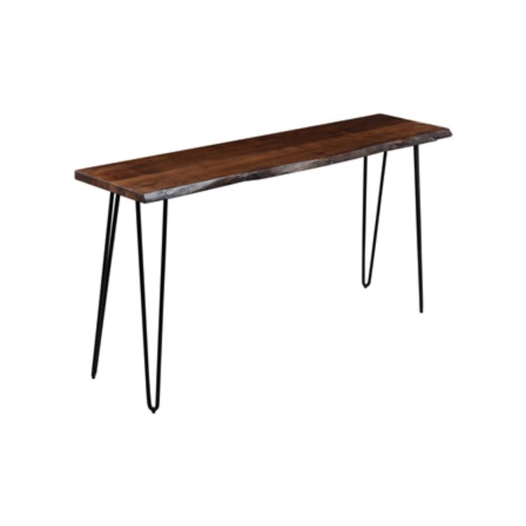 Narrow console table with a dark wood top and black metal hairpin legs.