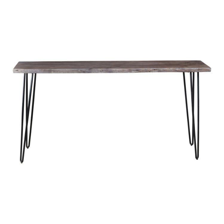 Rectangular wood table with black hairpin legs.