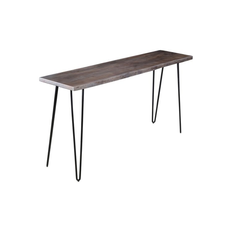 Narrow wood console table with black metal hairpin legs.