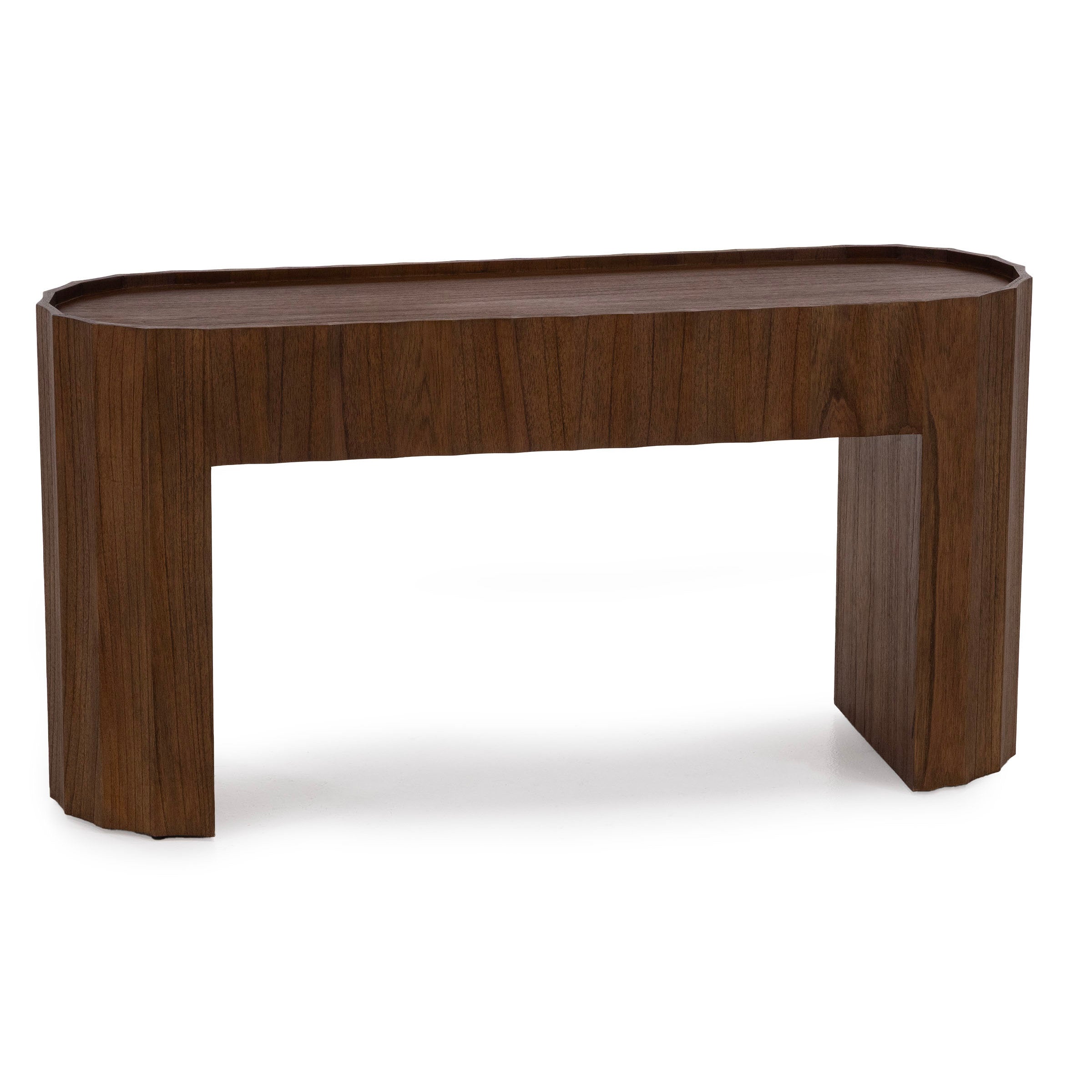 Modern wooden console table with a rectangular shape and beveled edges.