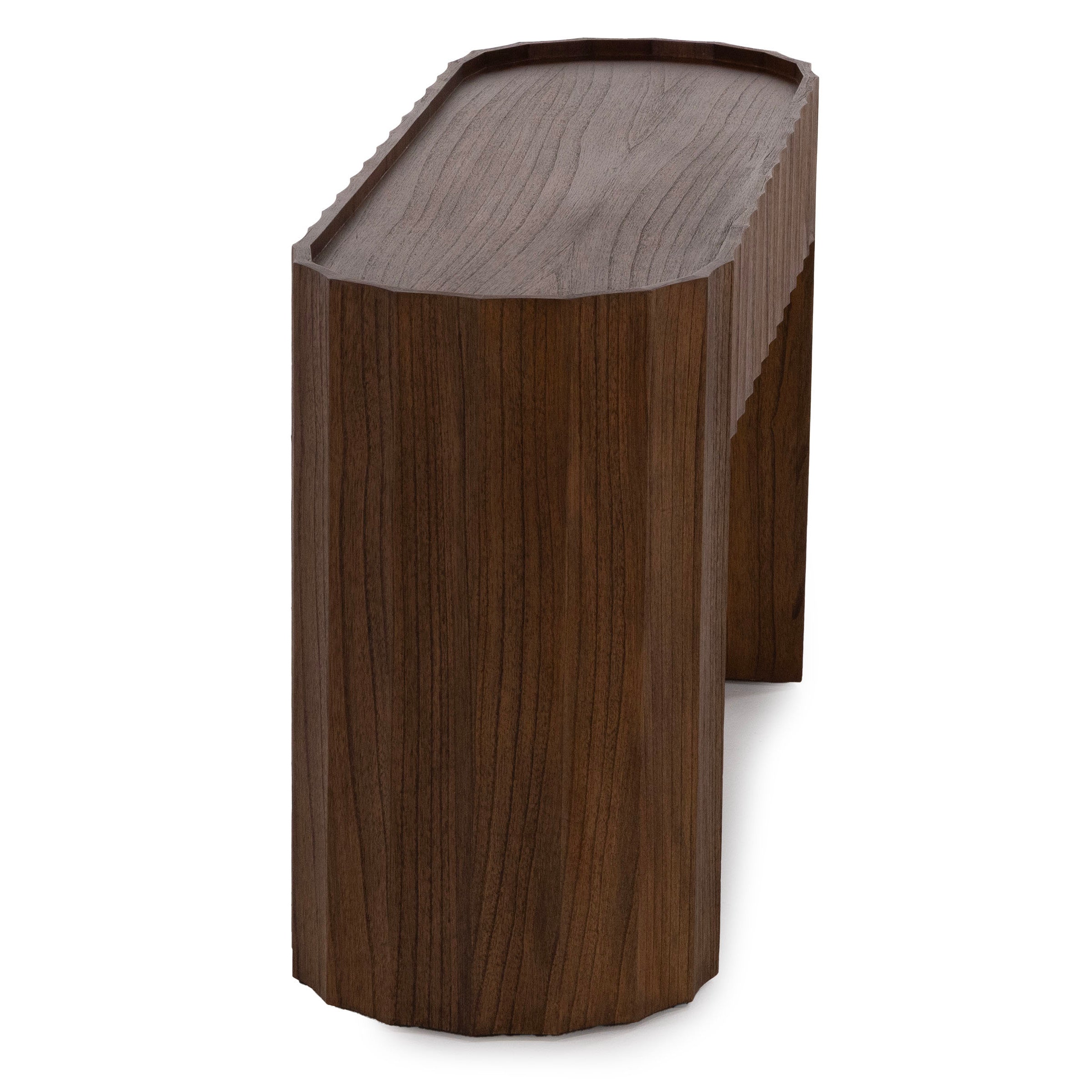 Modern wooden bench with an angled, faceted design and smooth finish.