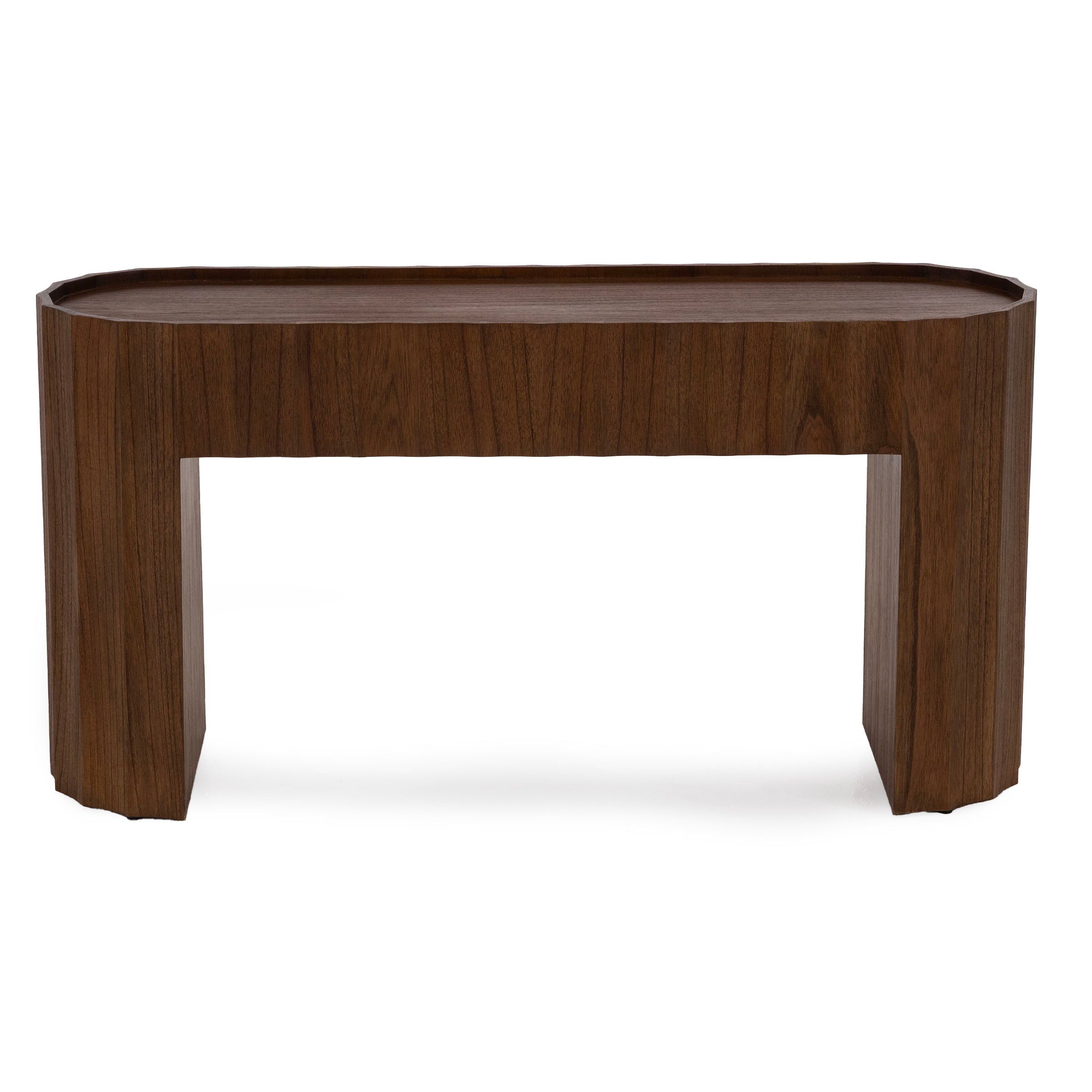Rectangular wood console table with an elevated edge and clean lines.