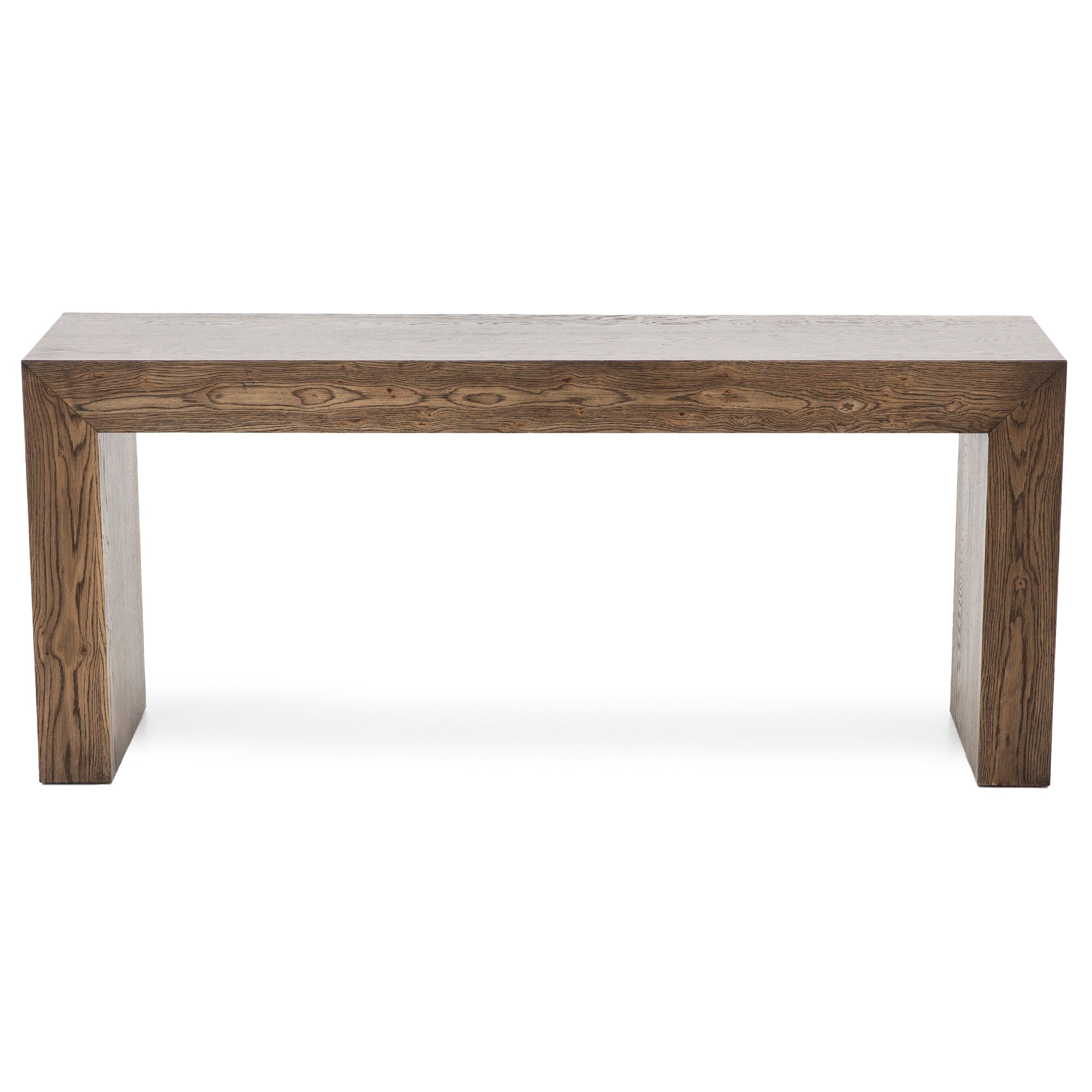 Rectangular wooden console table with natural grain, modern minimalist design.