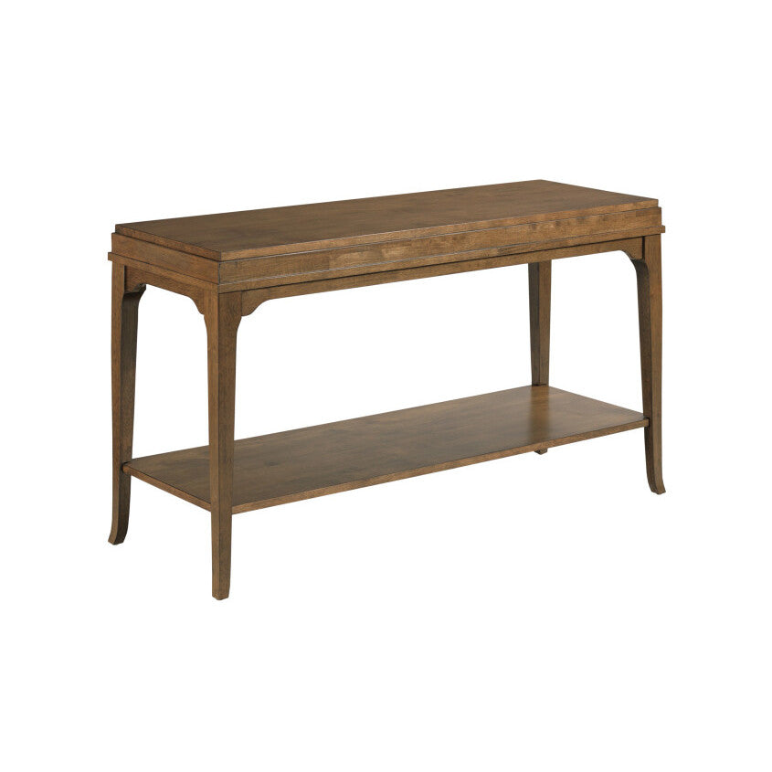 Rectangular wood console table with lower shelf and curved legs.