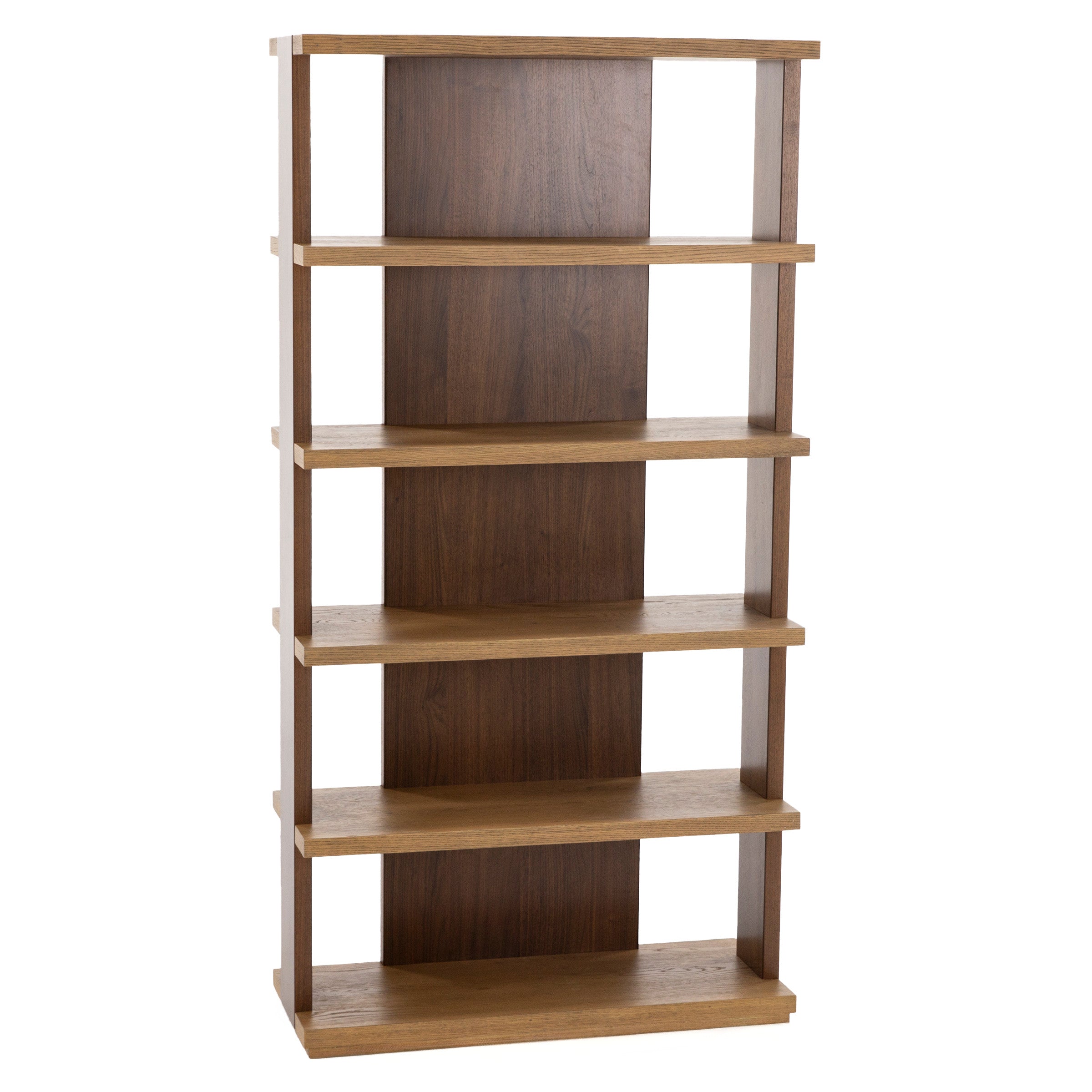 Modern wood bookshelf with five open shelves and a solid back panel.