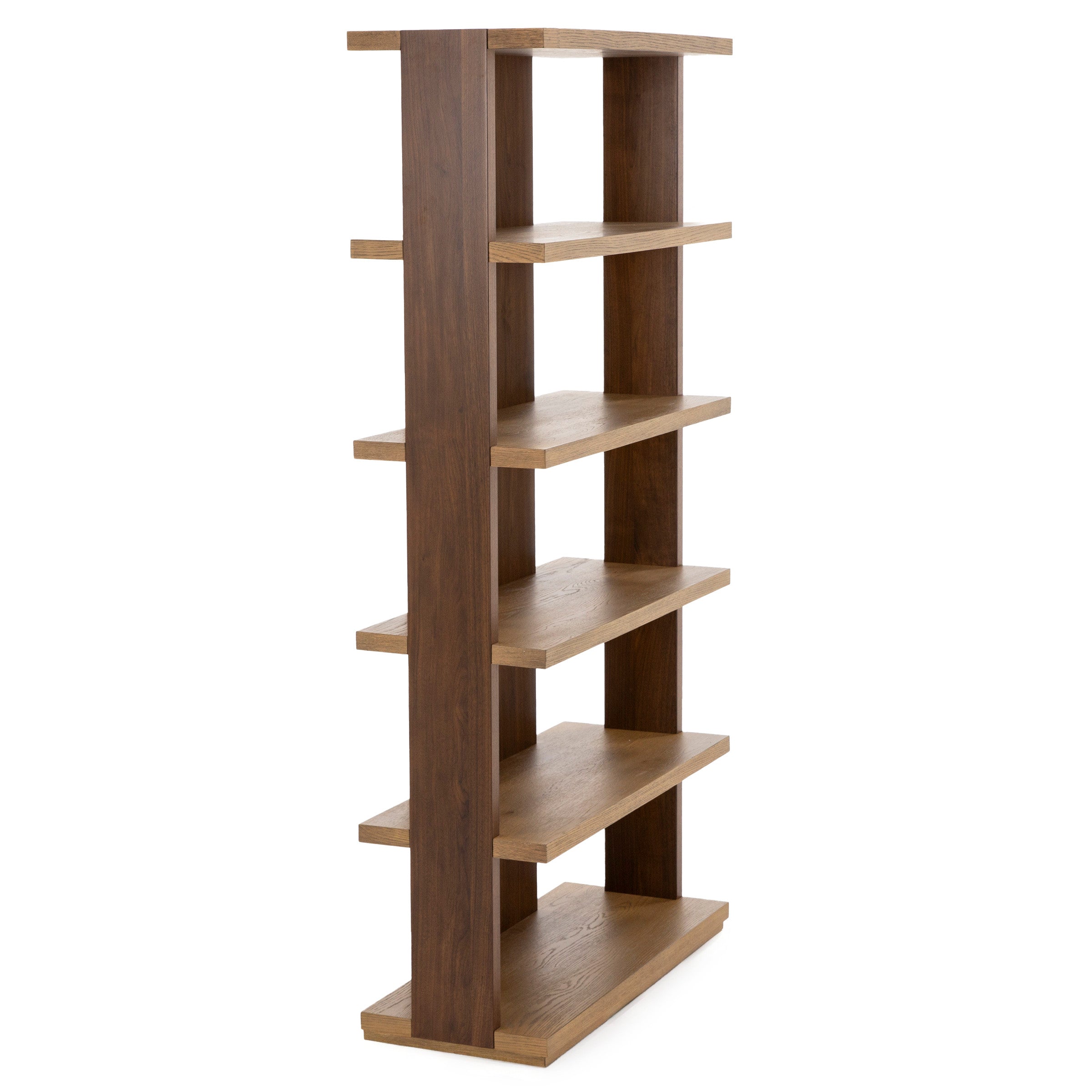 Modern tall wooden bookshelf with five open shelves.