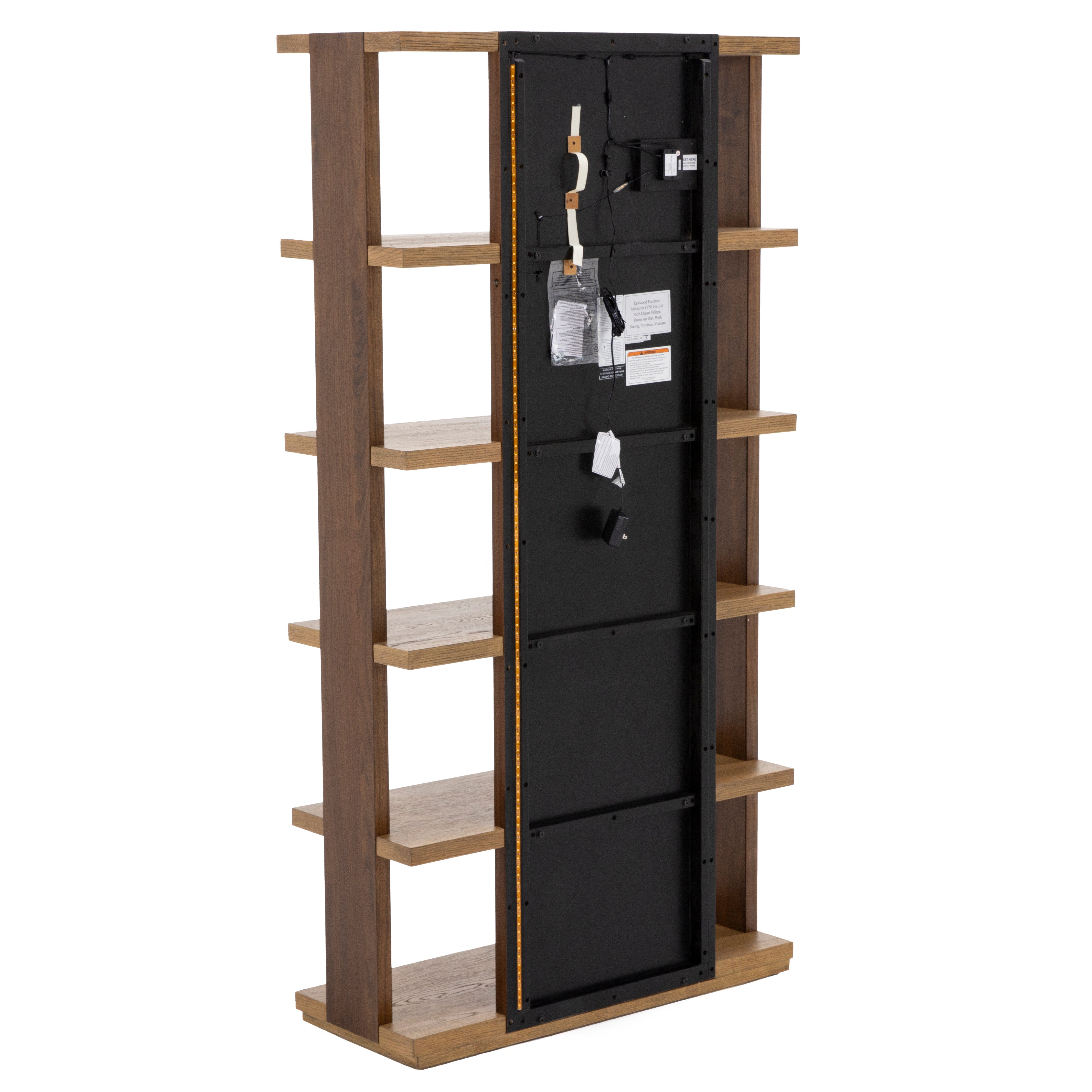 Back view of a wooden bookshelf with integrated LED lighting and visible wiring.