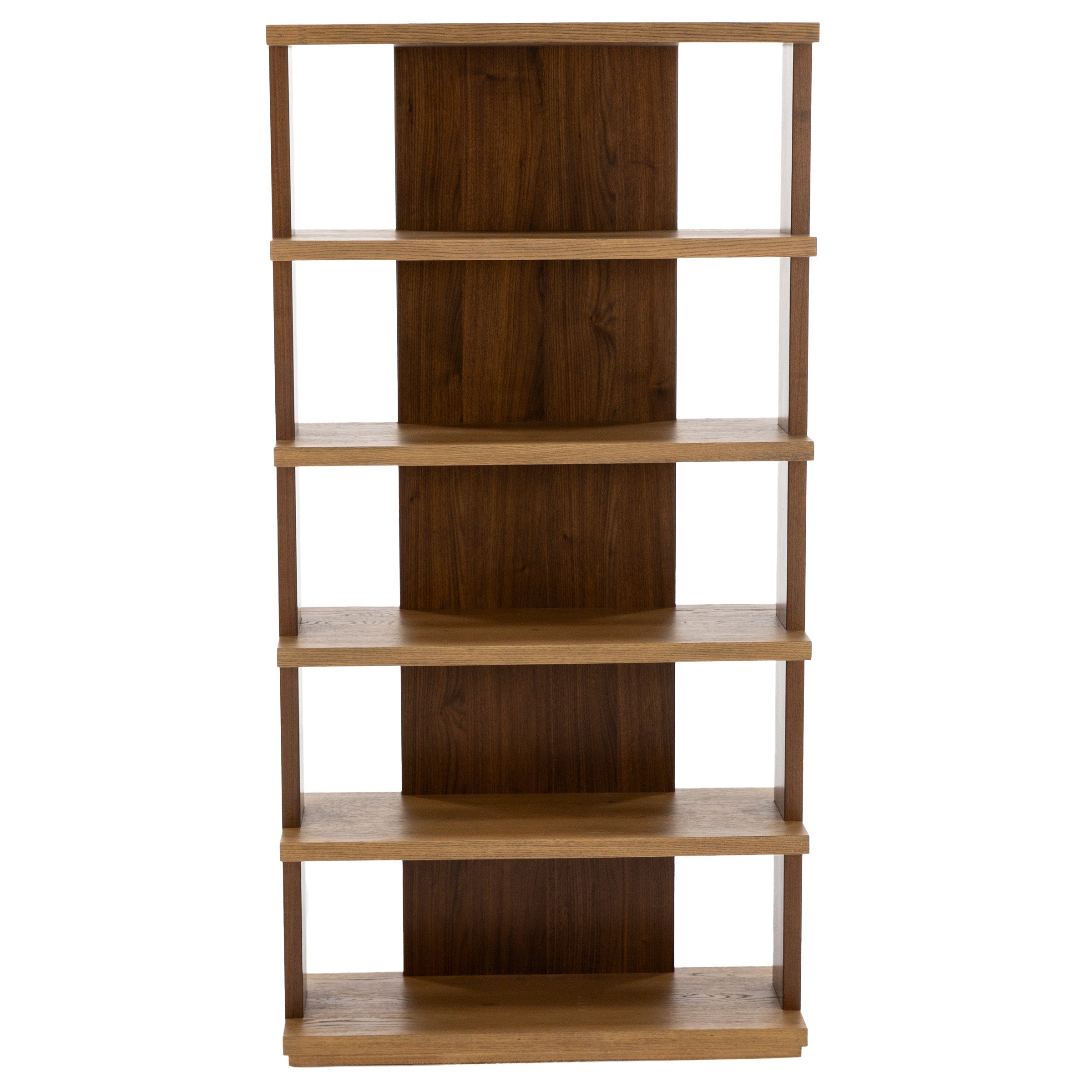 Tall wooden bookshelf with five shelves, featuring a dark wood back panel.