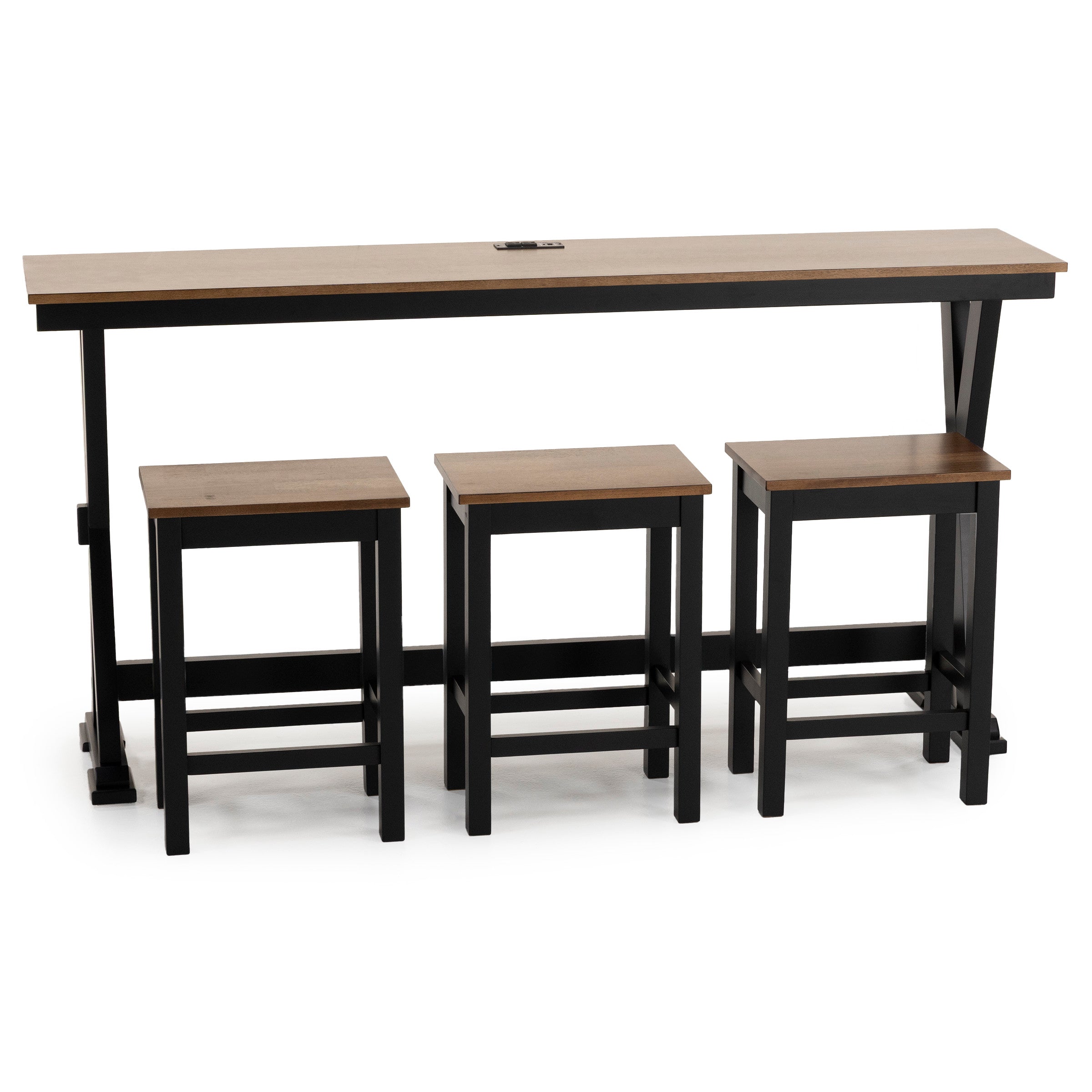 Counter-height table with three matching stools, wood tops and black frames.