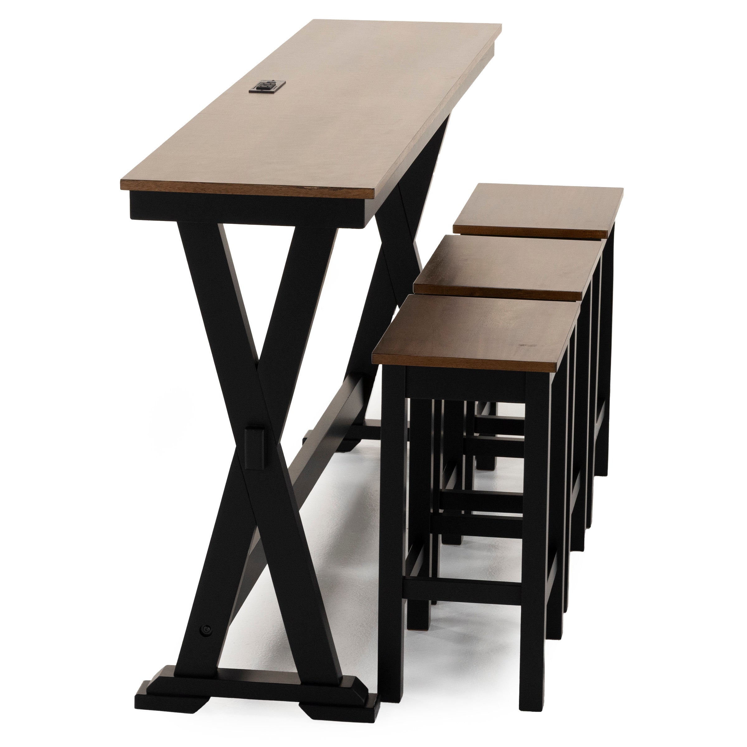 Counter-height table with three matching stools, black legs and wood tops.