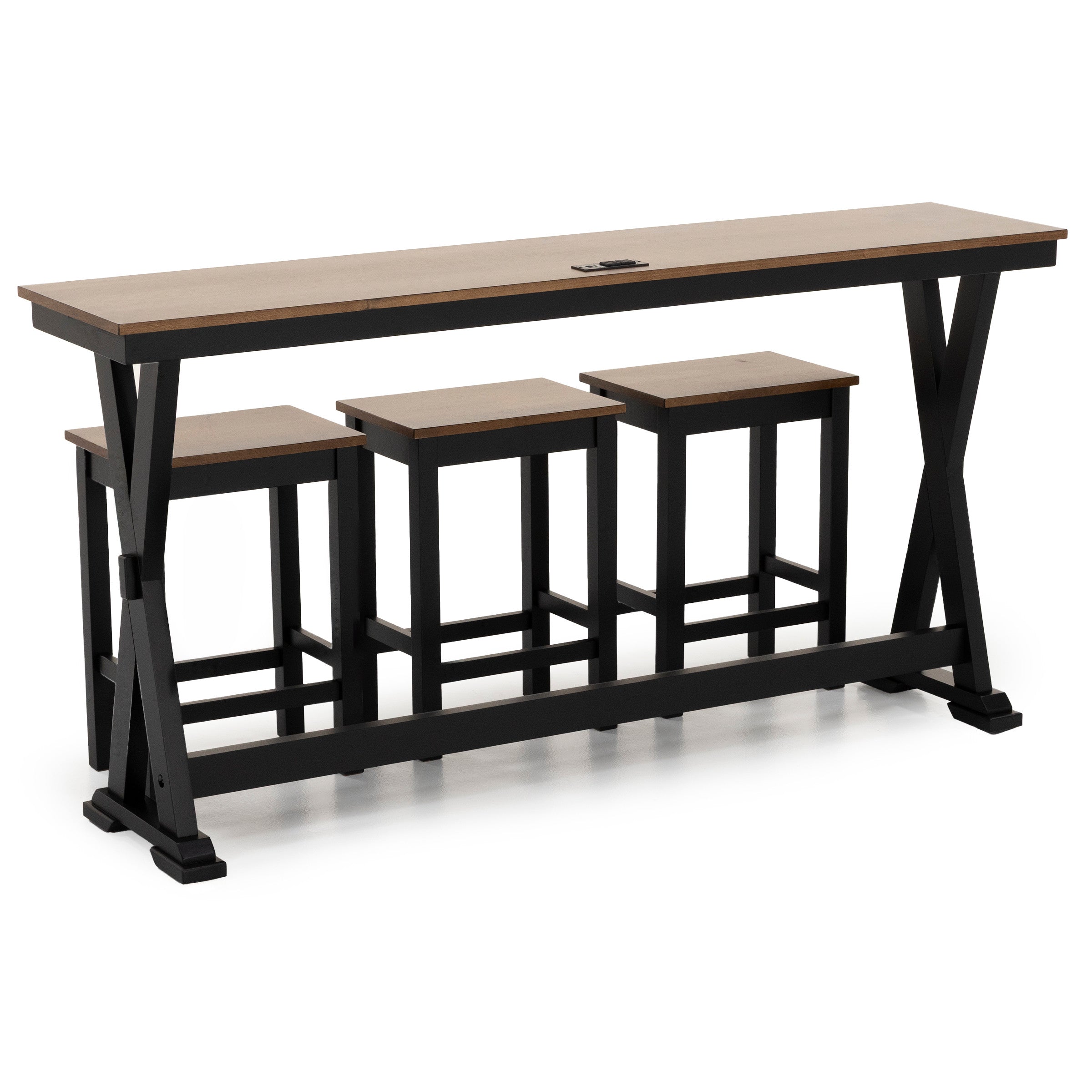 Console table with three matching stools, black frame and brown tops.